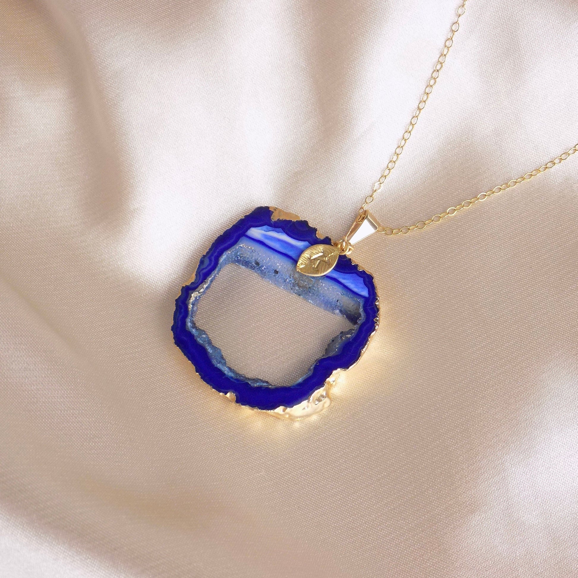 Unique Geode Necklace Gold, Navy Blue Crystal Pendant, Christmas Gift Women, G14-777