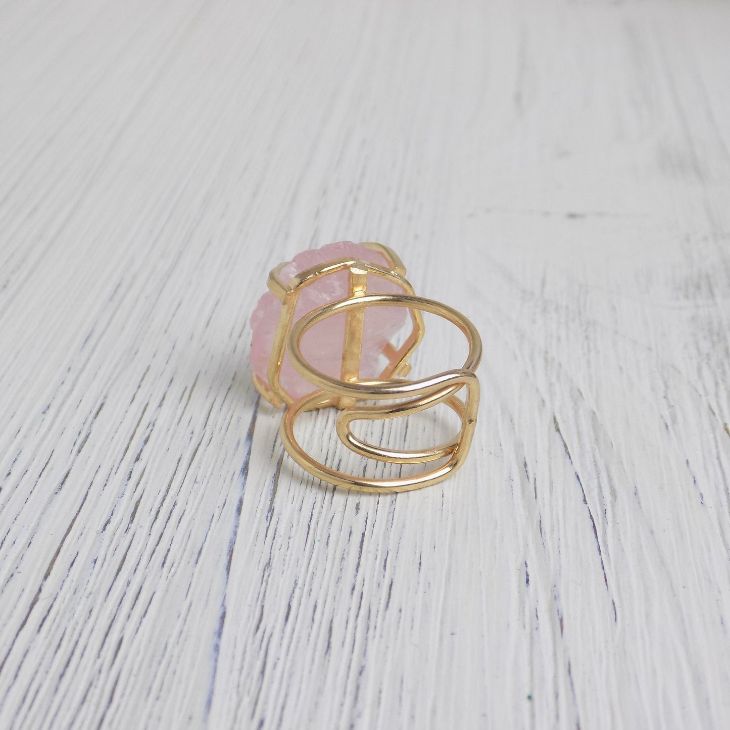 Light Pink Raw Rose Quartz Gemstone Ring Adjustable Gold Plated, G14-273