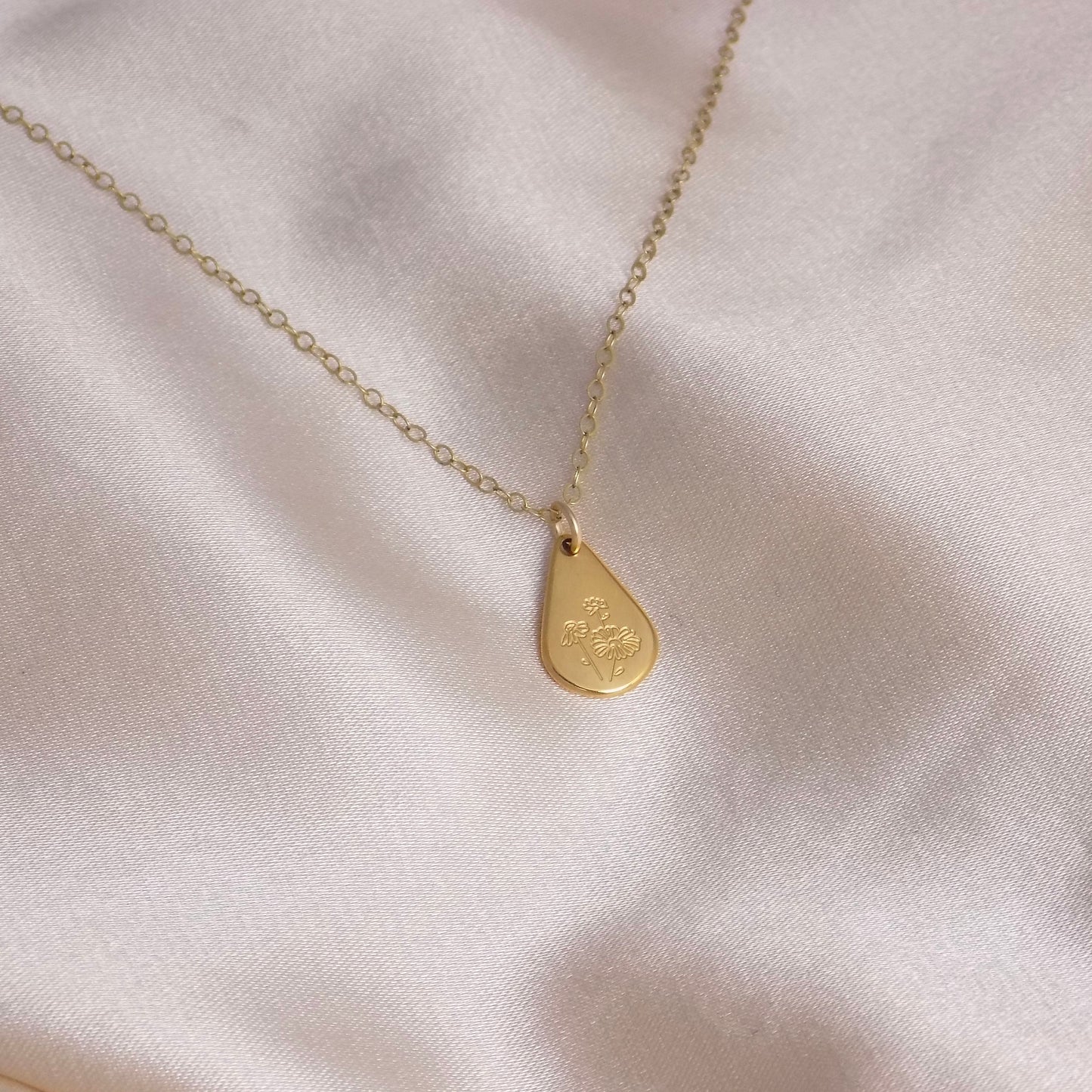 Birth Flower Necklace Gold, Teardrop Birth Flower Charm, Minimalist Layer, Personalized Gift For Her, M6-723