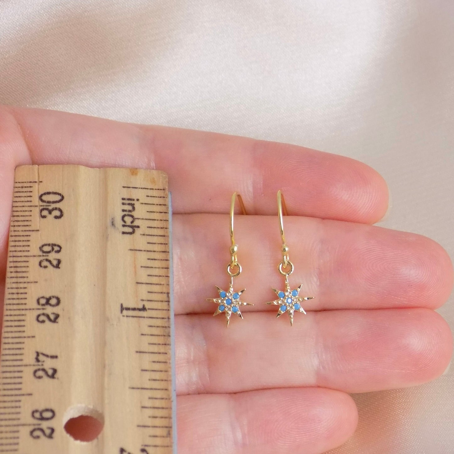 Tiny North Star Earrings Gold, Small Star Burst Drop Dangle Earring, Sparkly Turquoise Cubic Zirconia Stones, Gift For A Friend, M6-67