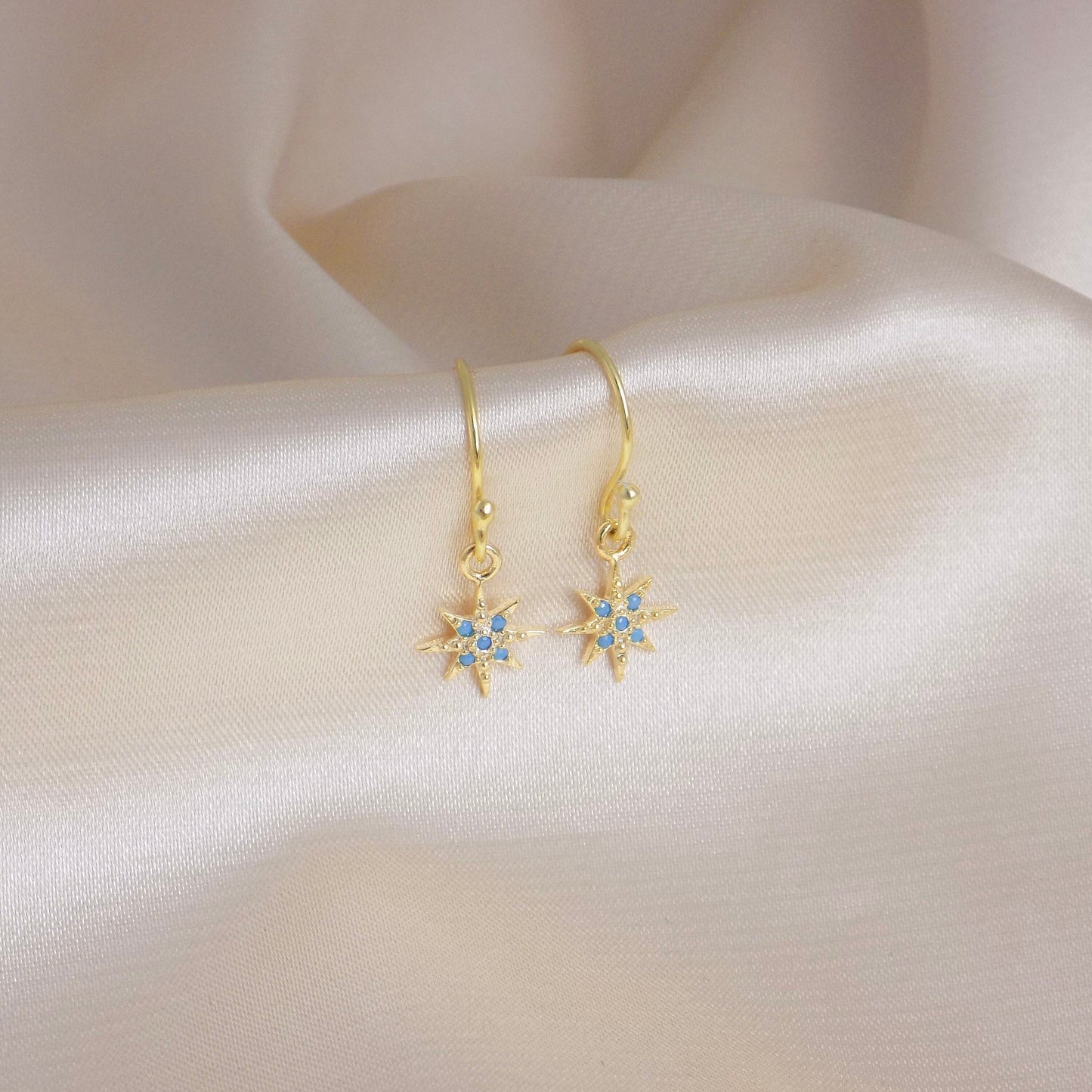 Tiny North Star Earrings Gold, Small Star Burst Drop Dangle Earring, Sparkly Turquoise Cubic Zirconia Stones, Gift For A Friend, M6-67