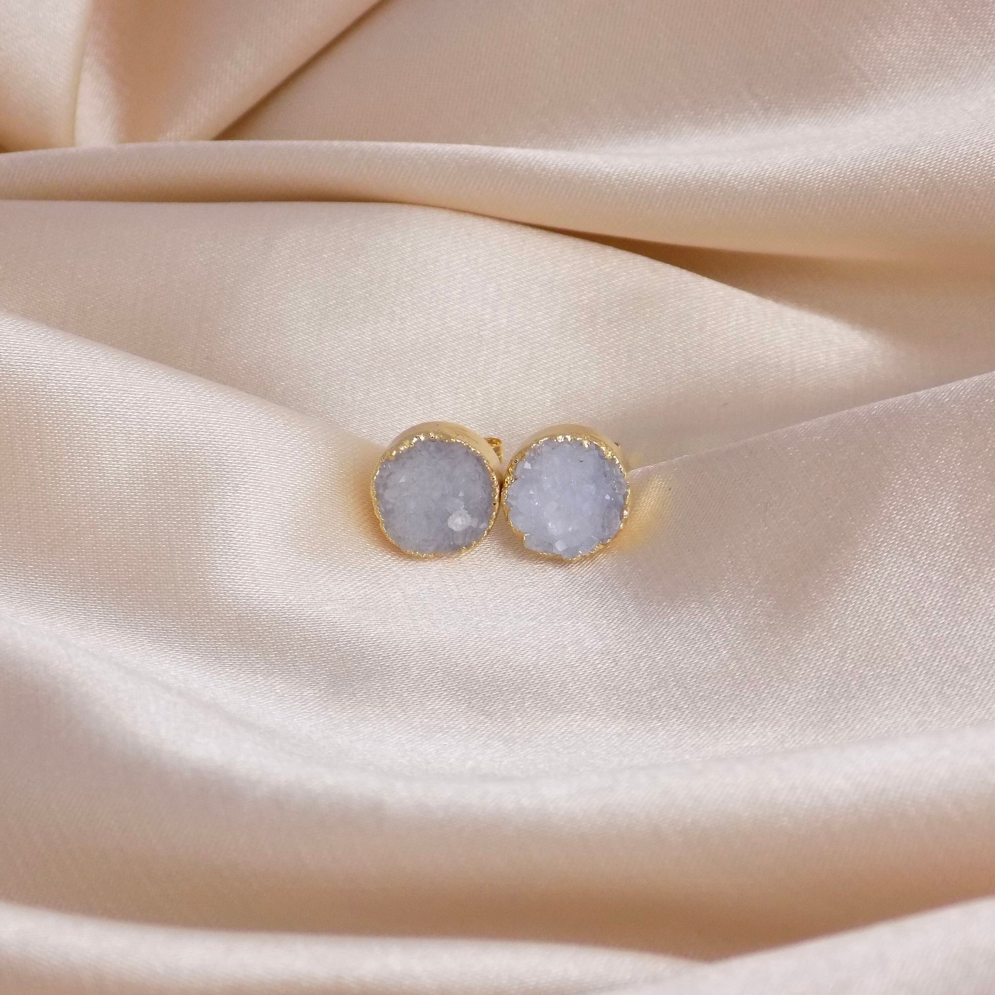 Druzy Studs, Real Druzy Earrings Round, Gray Druzy Stud Earrings, Raw Stone Earrings, Bridesmaid Gift, M6-731