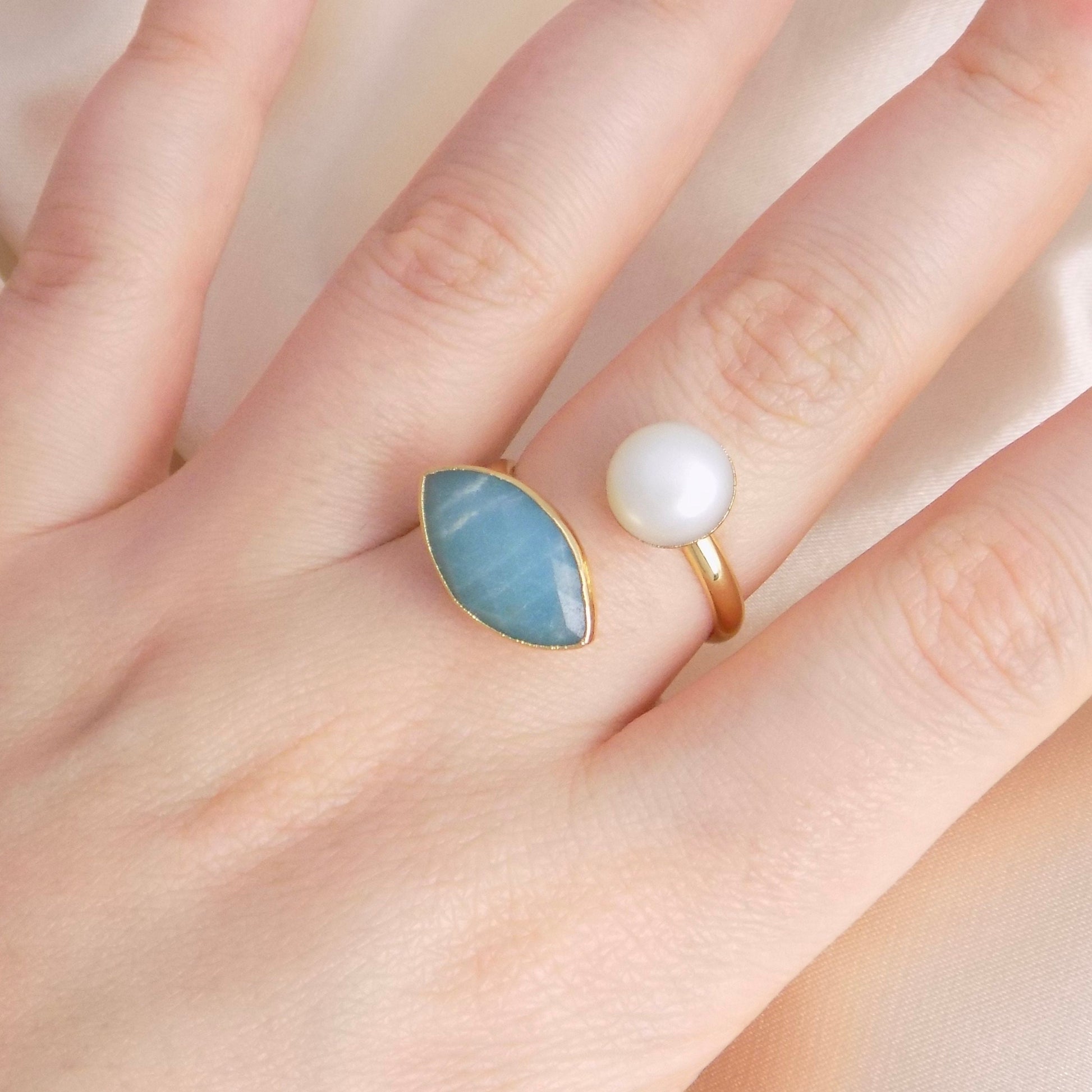 Amazonite Ring, Freshwater Pearl Ring, Gold Adjustable Multistone Statement Rings, Gift Women, M6-739