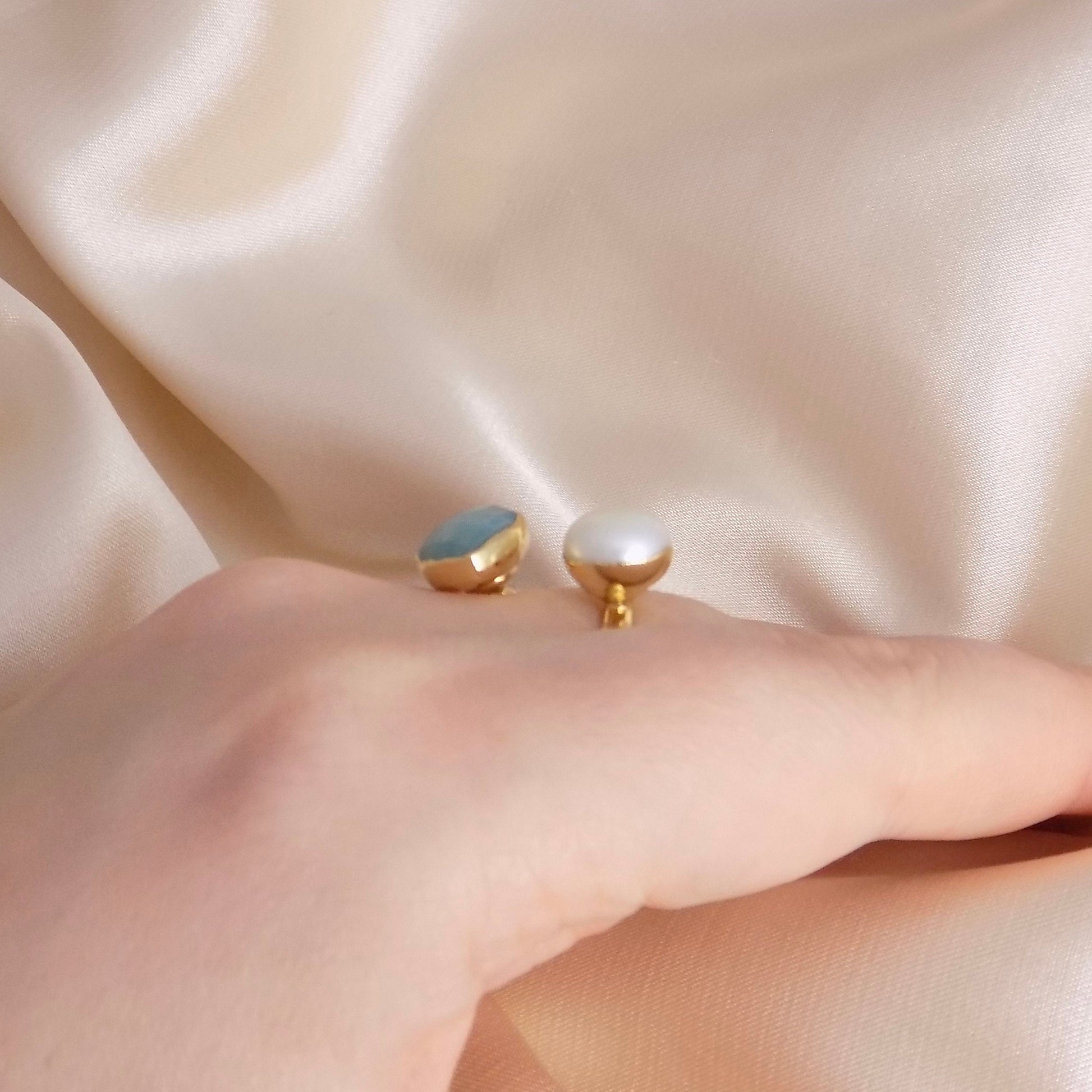 Amazonite Ring, Freshwater Pearl Ring, Gold Adjustable Multistone Statement Rings, Gift Women, M6-739