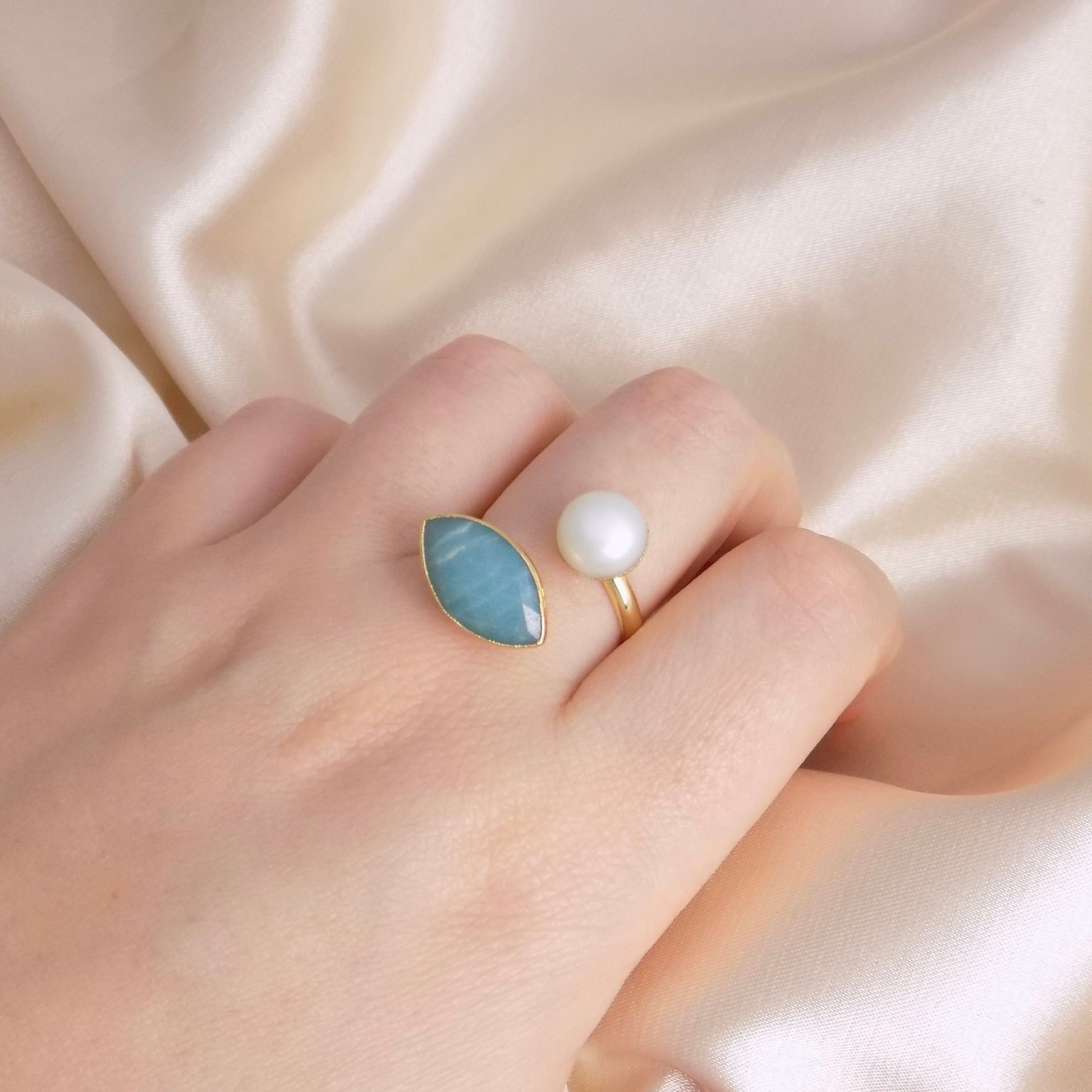 Amazonite Ring, Freshwater Pearl Ring, Gold Adjustable Multistone Statement Rings, Gift Women, M6-739