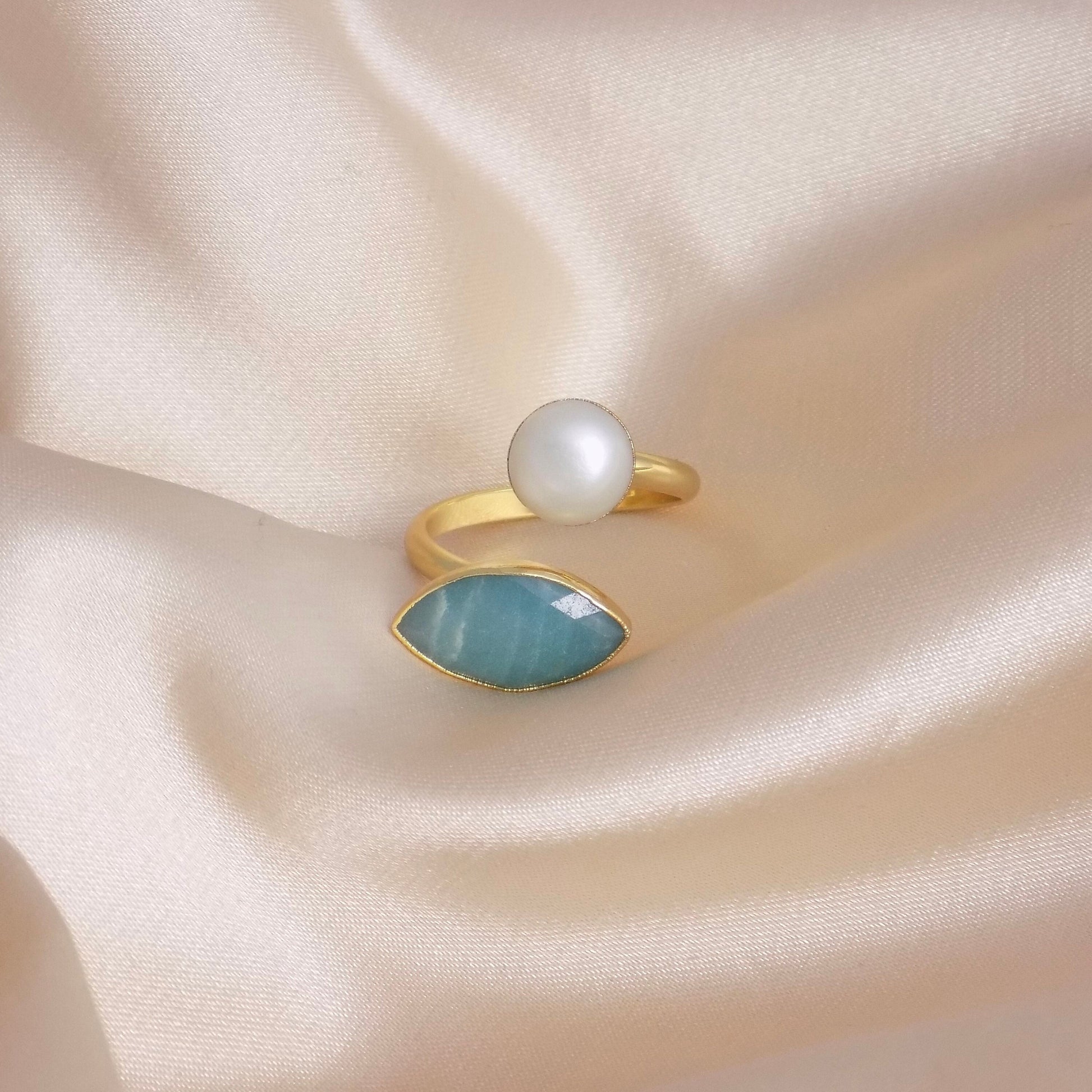 Amazonite Ring, Freshwater Pearl Ring, Gold Adjustable Multistone Statement Rings, Gift Women, M6-739