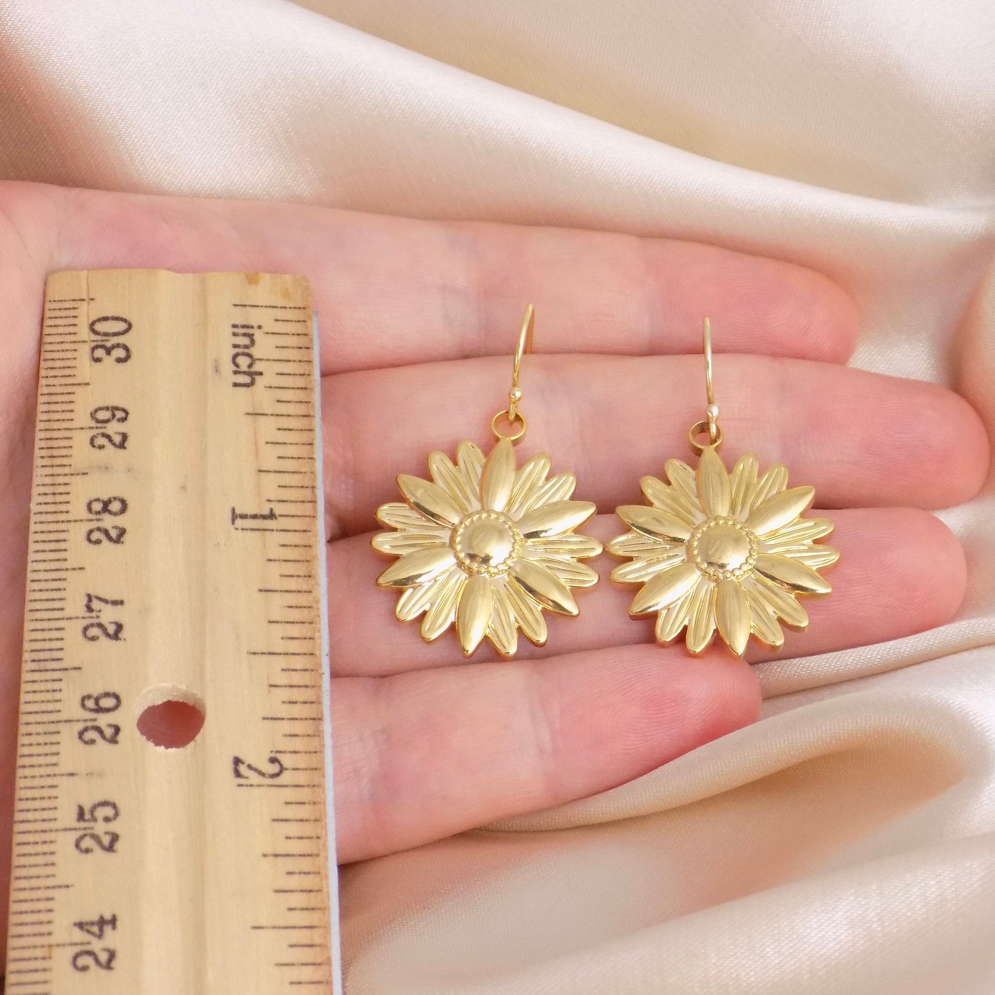 Large Sunflower Earrings Gold, Floral Drop Dangle, Gifts For Daughter, Gift For Girlfriend, M6-725