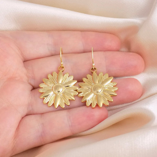 Large Sunflower Earrings Gold, Floral Drop Dangle, Gifts For Daughter, Gift For Girlfriend, M6-725