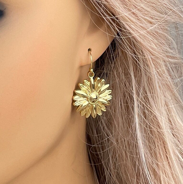 Large Sunflower Earrings Gold, Floral Drop Dangle, Gifts For Daughter, Gift For Girlfriend, M6-725
