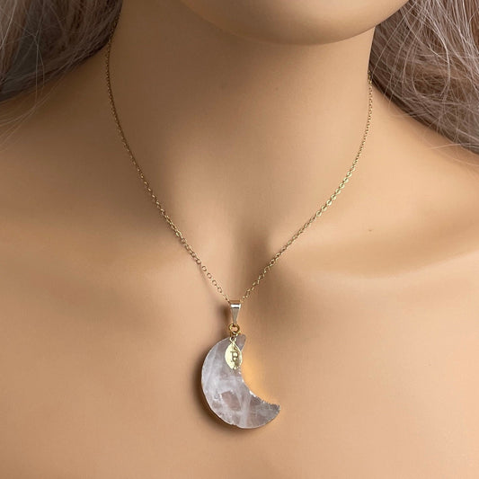 Boho Moon Necklace Gold, Crescent Moon Pendant, Personalized Custom Initial, Christmas Gift For Best Friend, R14-26