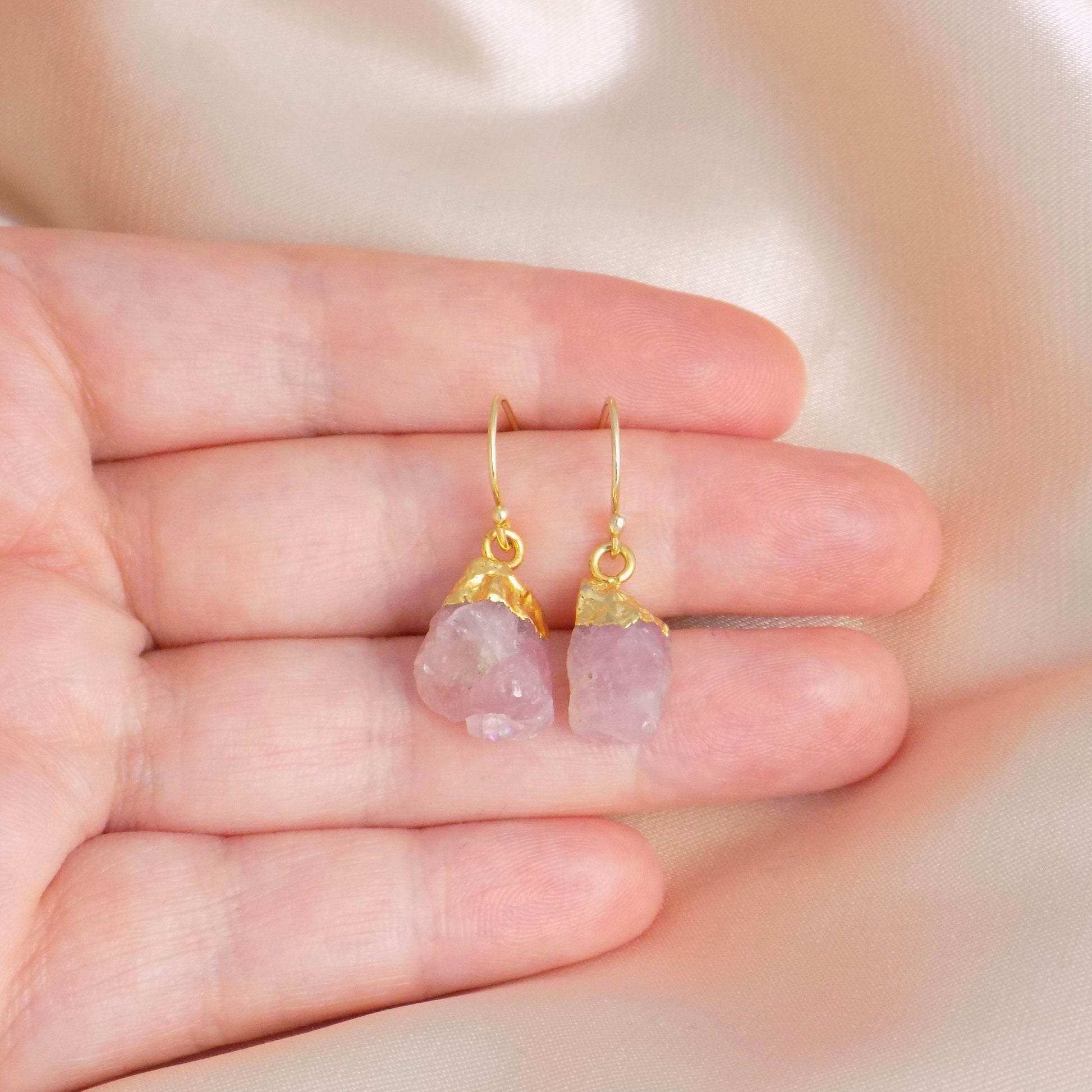 Raw Rose Quartz Earrings Gold, October Birthstone, Light Pink Chunky Stone Earring, Heart Chakra Crystals, Christmas Gifts Women, M6-727