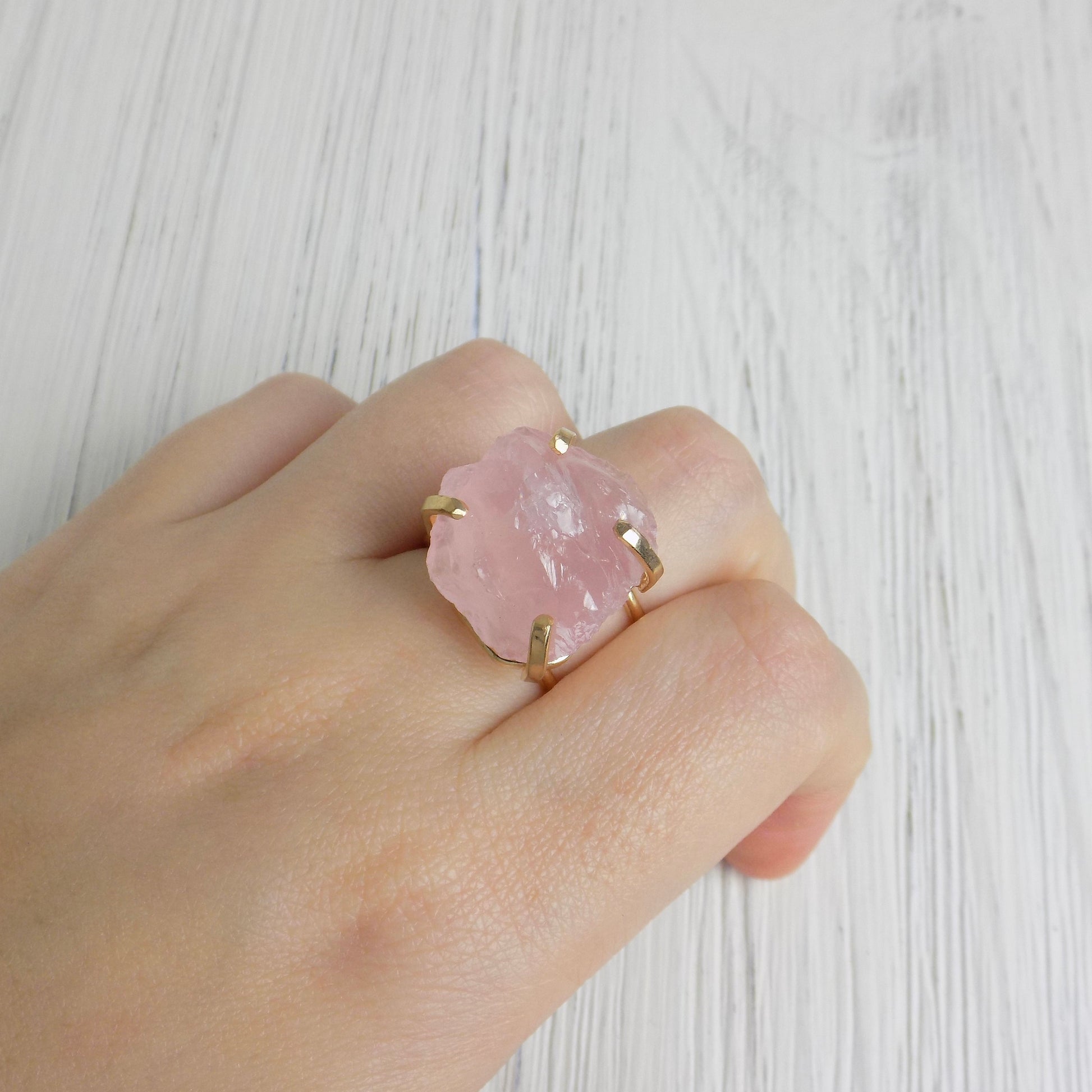 Light Pink Raw Rose Quartz Gemstone Ring Adjustable Gold Plated, G14-273