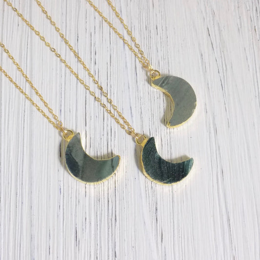 Crescent Moon Necklace Gold, Natural Green Jasper Pendant, Celestial Jewelry, Easter Gift Women, R8-30