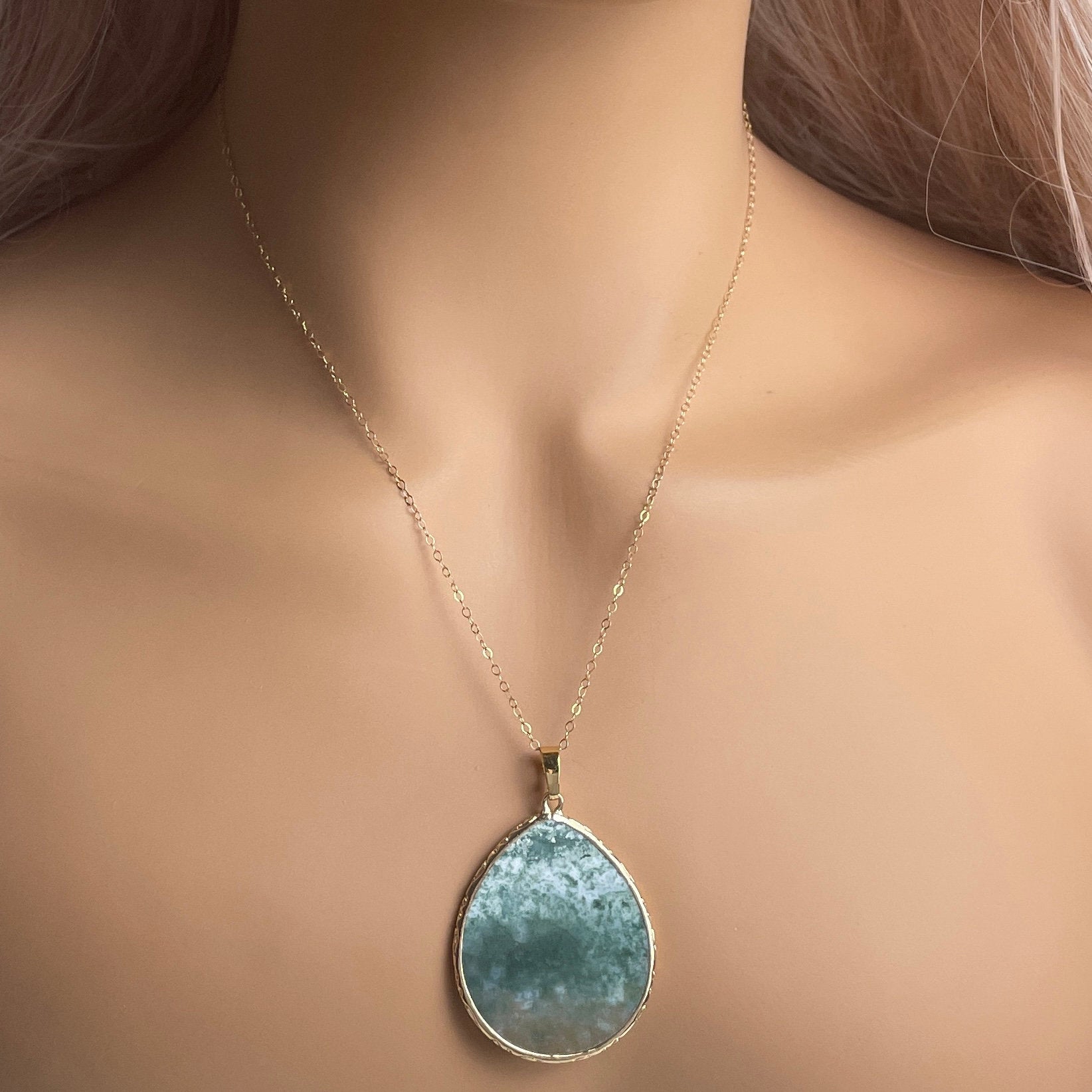 Green Moss Agate Necklace Gold, Large Green Crystal Pendant, Unique Gifts For Women, M6-761