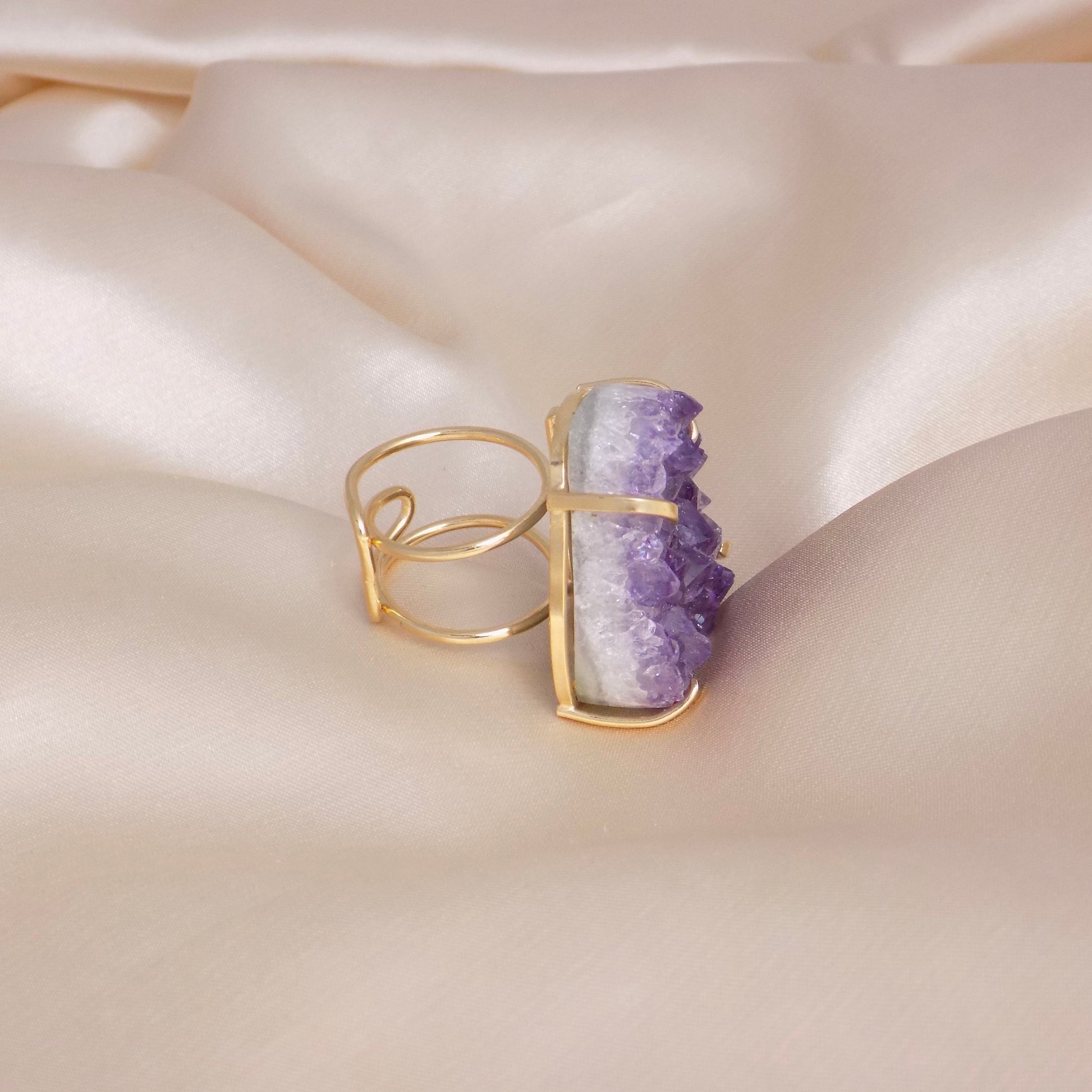 Large Amethyst Statement Ring - Raw Amethyst Druzy Ring Adjustable