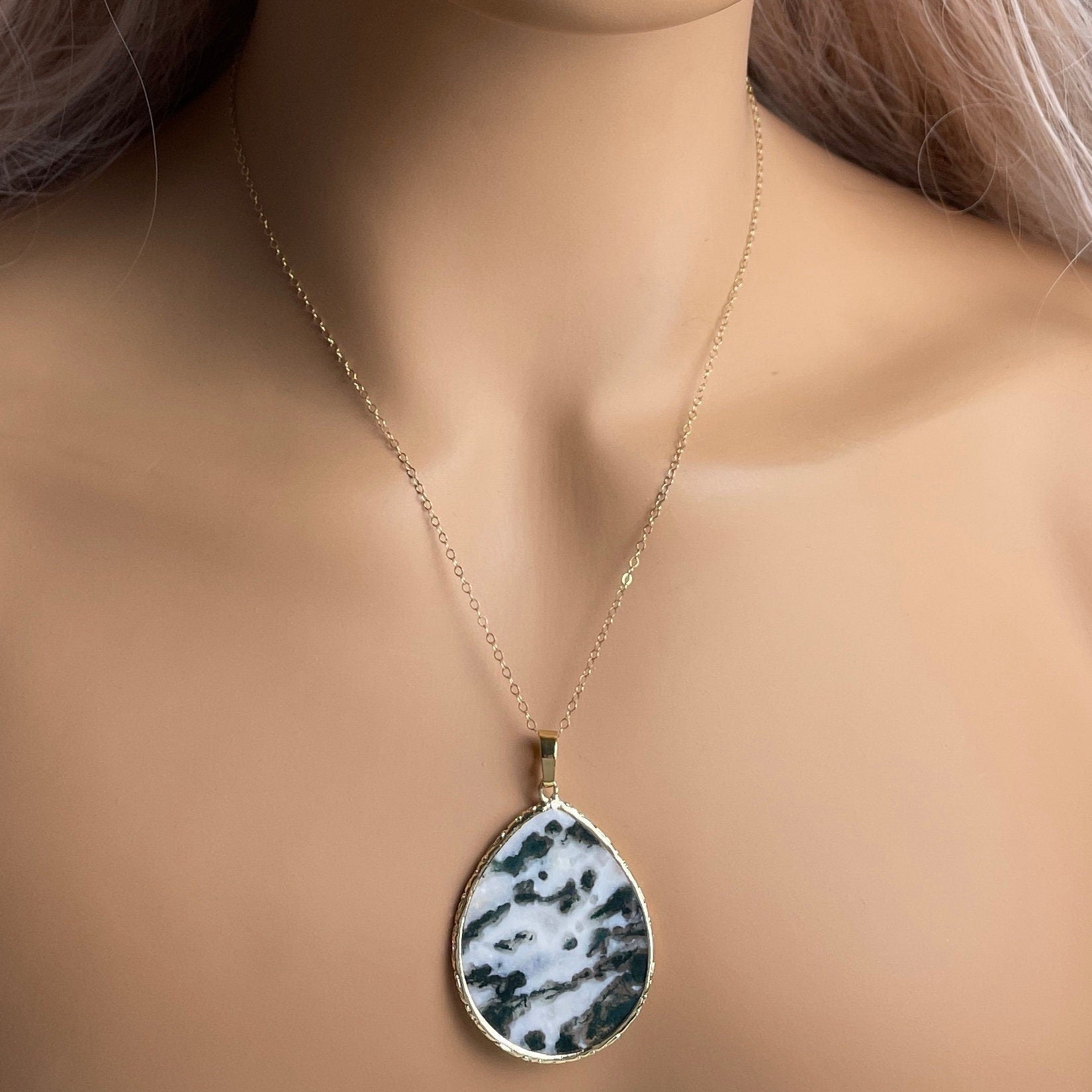 Unique Moss Agate Necklace, Large Green and White Crystal Pendant Gold, Gifts For Mom, M6-764
