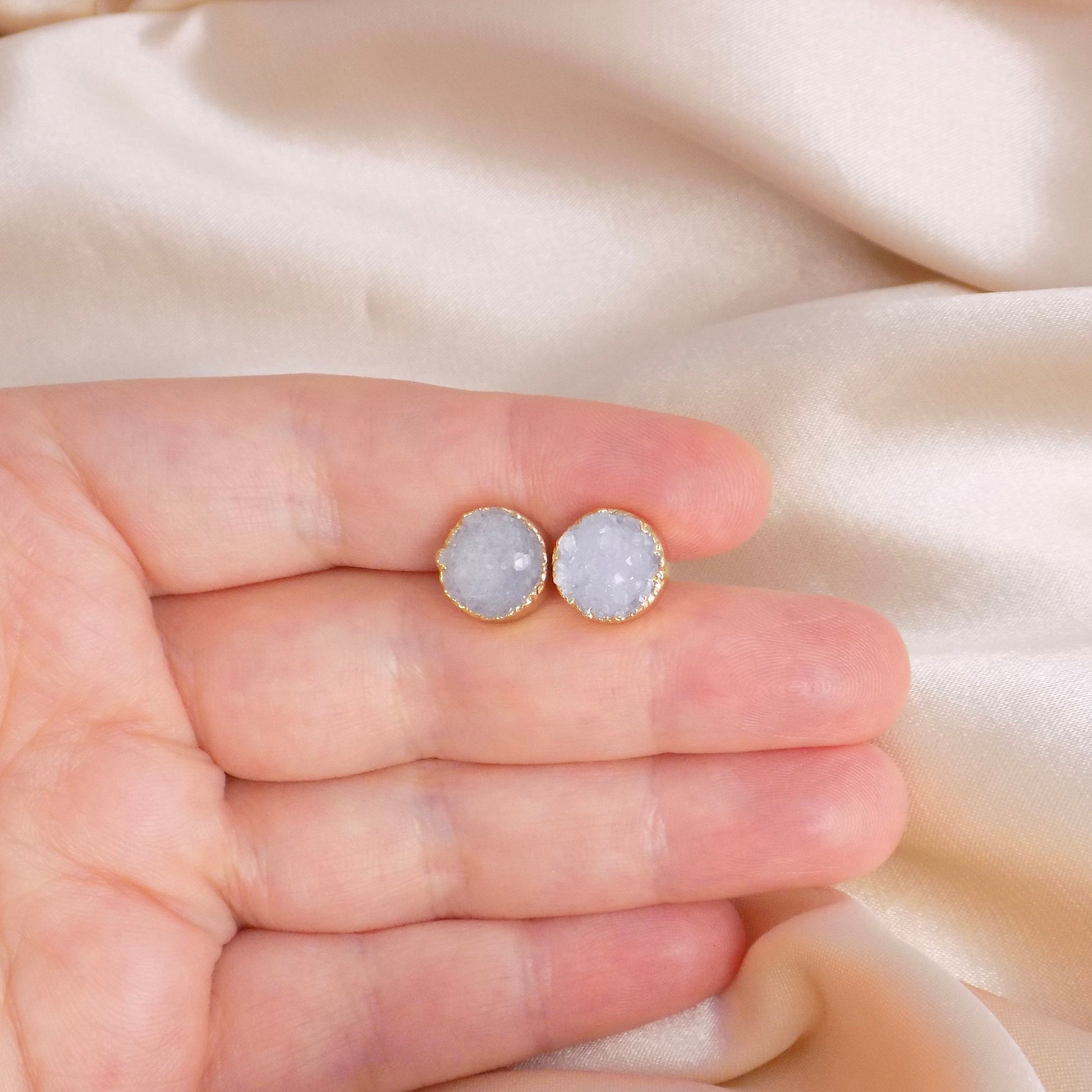 Druzy Studs, Real Druzy Earrings Round, Gray Druzy Stud Earrings, Raw Stone Earrings, Bridesmaid Gift, M6-731