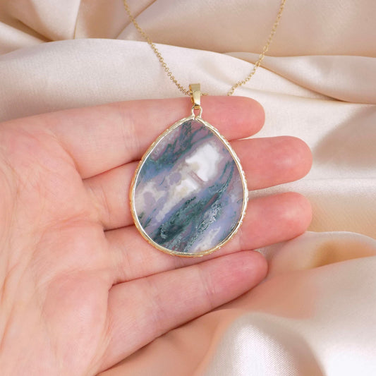 Moss Agate Necklace, Large Green Stone Pendant Gold, Unique Gifts For Her, M6-732