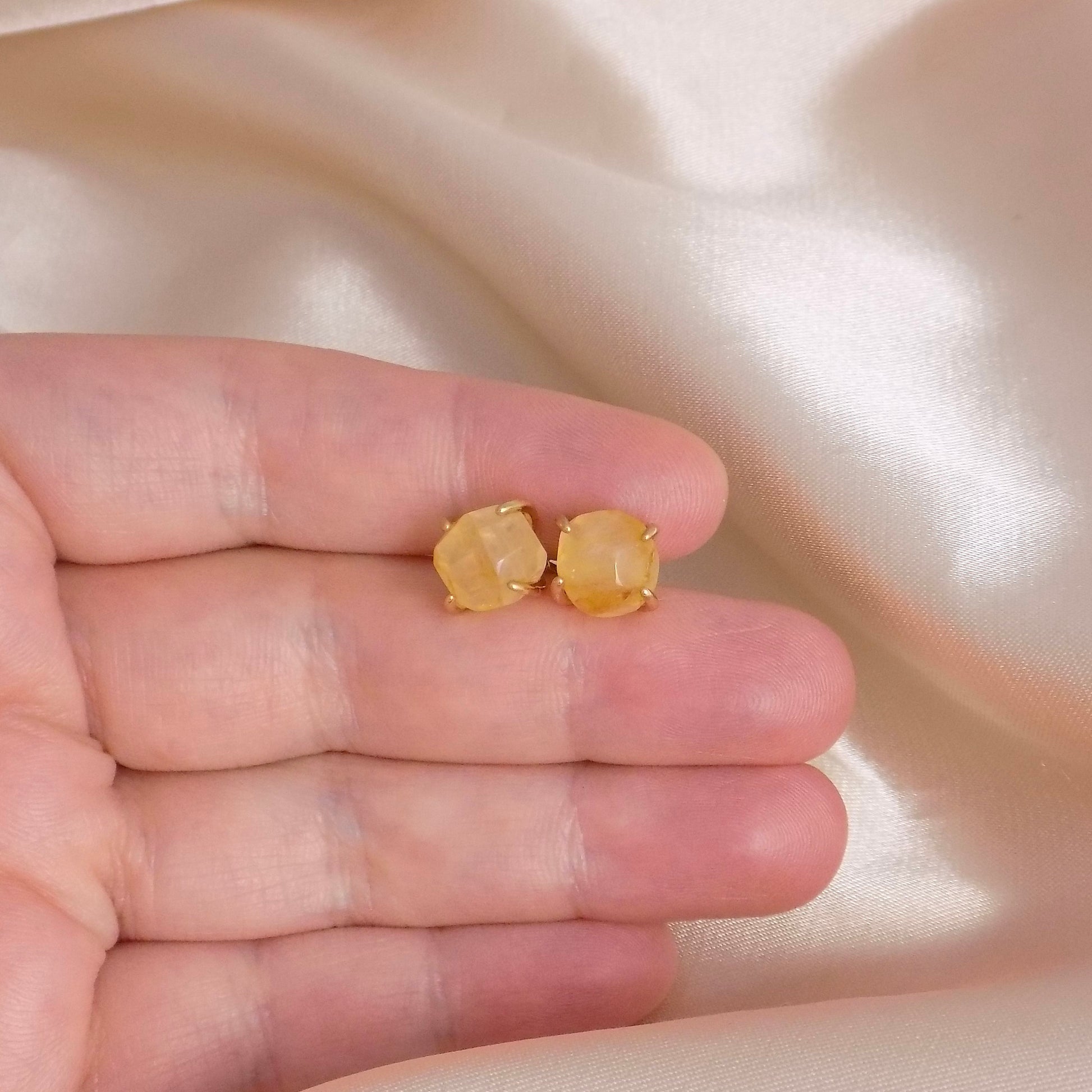 Citrine Earrings Studs Gold, Raw Crystal Earrings, Yellow Gemstone Stud Earring For Women, Gifts for Mom, M6-733