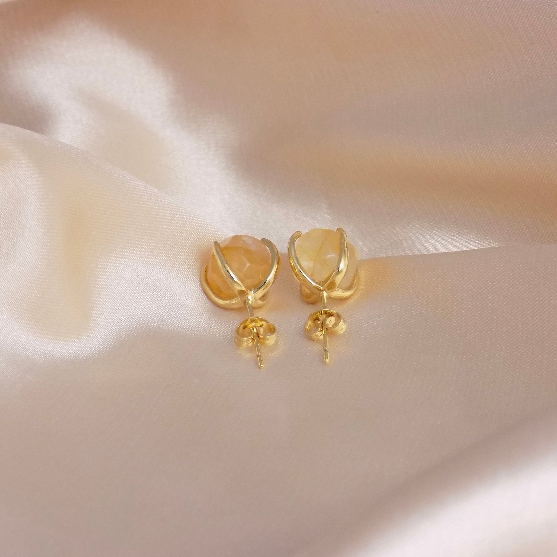Citrine Earrings Studs Gold, Raw Crystal Earrings, Yellow Gemstone Stud Earring For Women, Gifts for Mom, M6-733