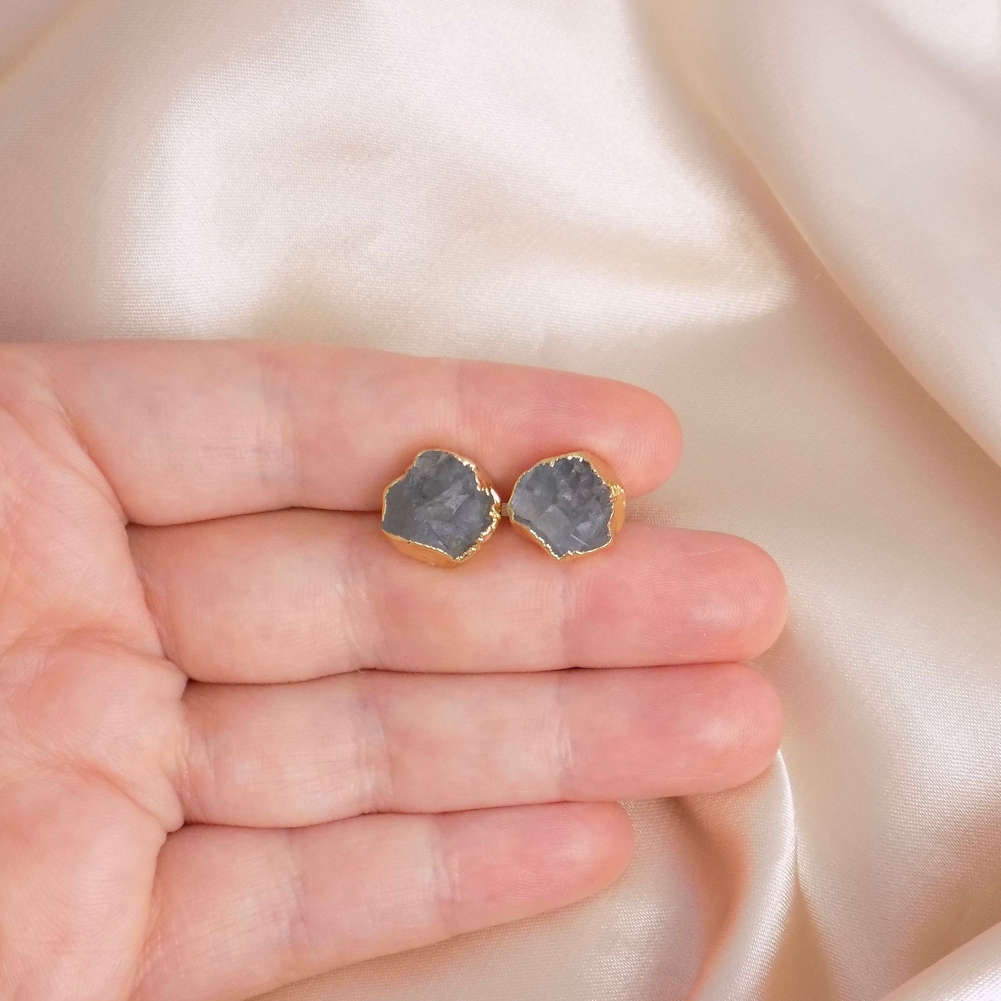 Raw Aquamarine Stud Earrings, Rough Crystal Earrings Gold, Boho March Birthstone Gift Women, M6-735