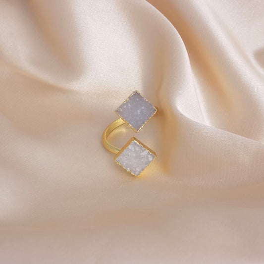 Natural Druzy Ring, Minimalist Gemstone Ring Adjustable Band Gold Plated, M6-737