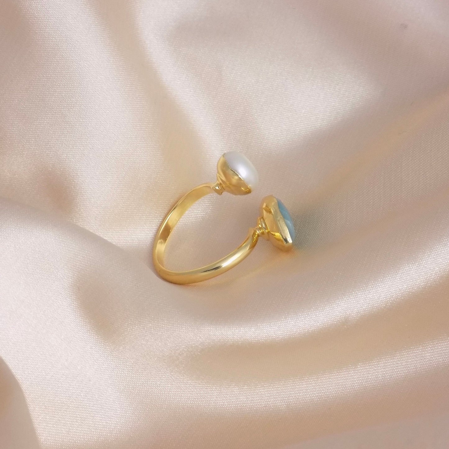 Amazonite Ring, Freshwater Pearl Ring, Gold Adjustable Multistone Statement Rings, Gift Women, M6-739