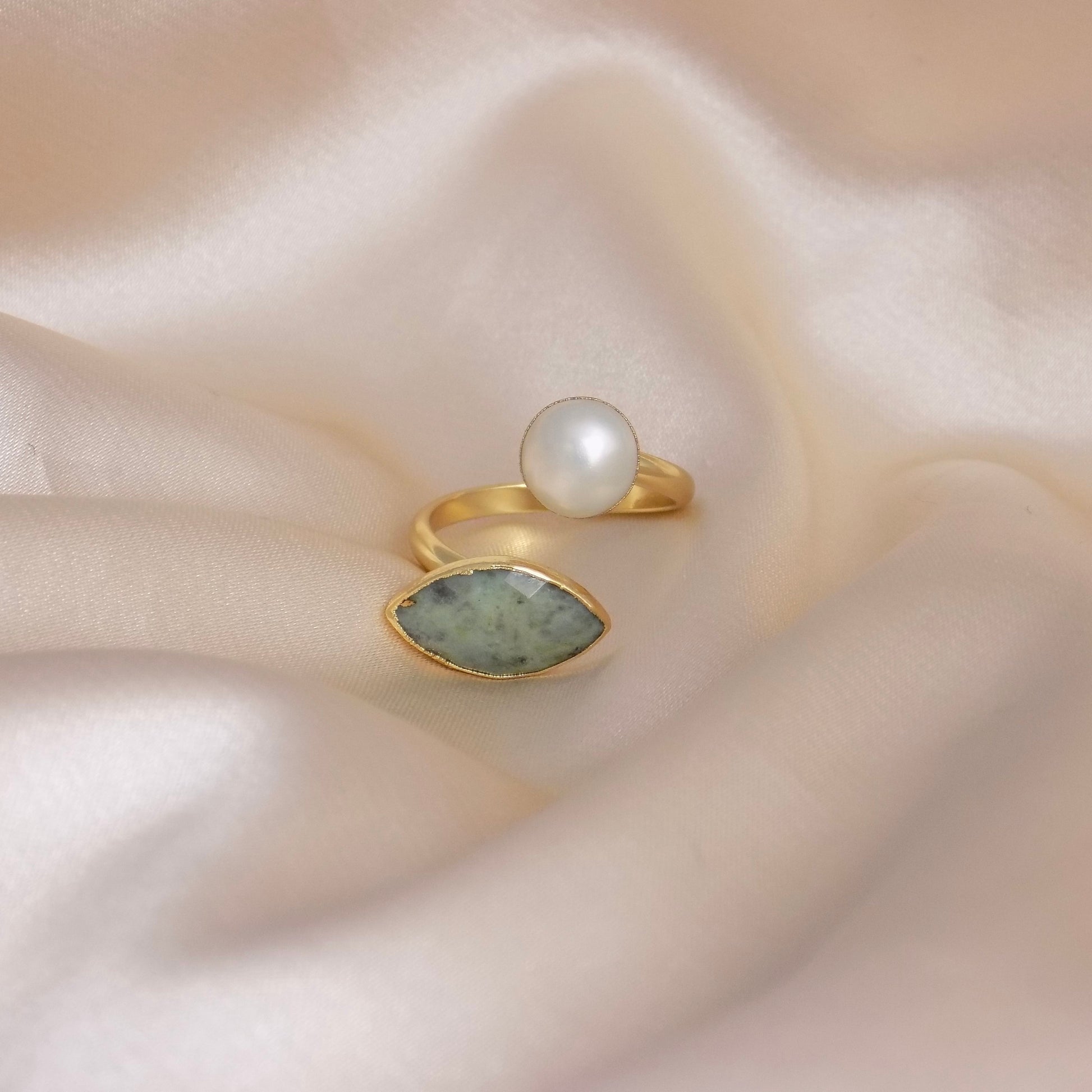 Green Jasper Ring Adjustable, Freshwater Pearl Ring Gold Plated, Raw Crystals Dual Gemstone Gold, Unique Gifts For Her, M6-754