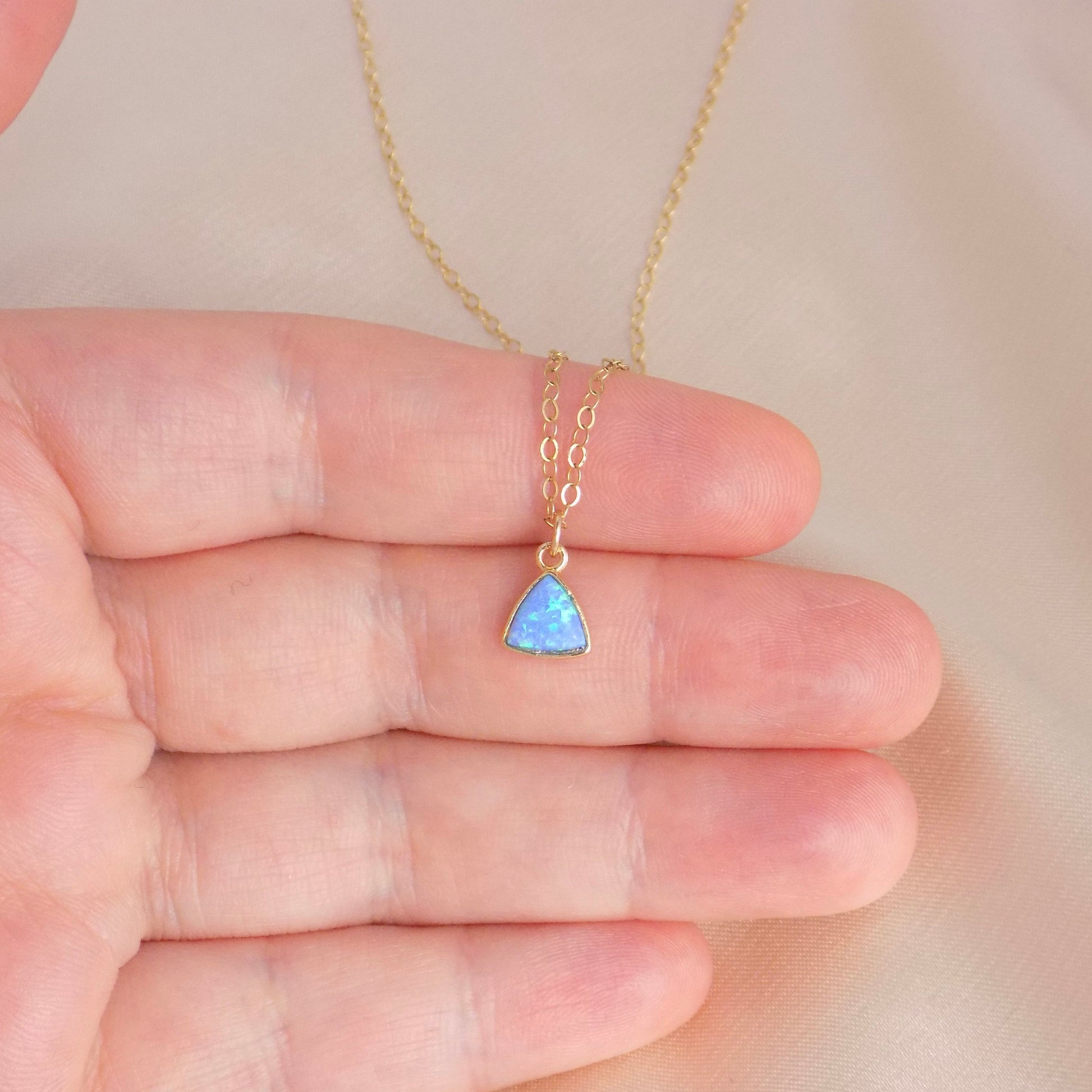 Tiny Opal Necklace Gold, Triangle Opal Necklace, Blue Opal Charm For Layering, 14K Gold Fill Chain, October Birthday Gift, M6-616