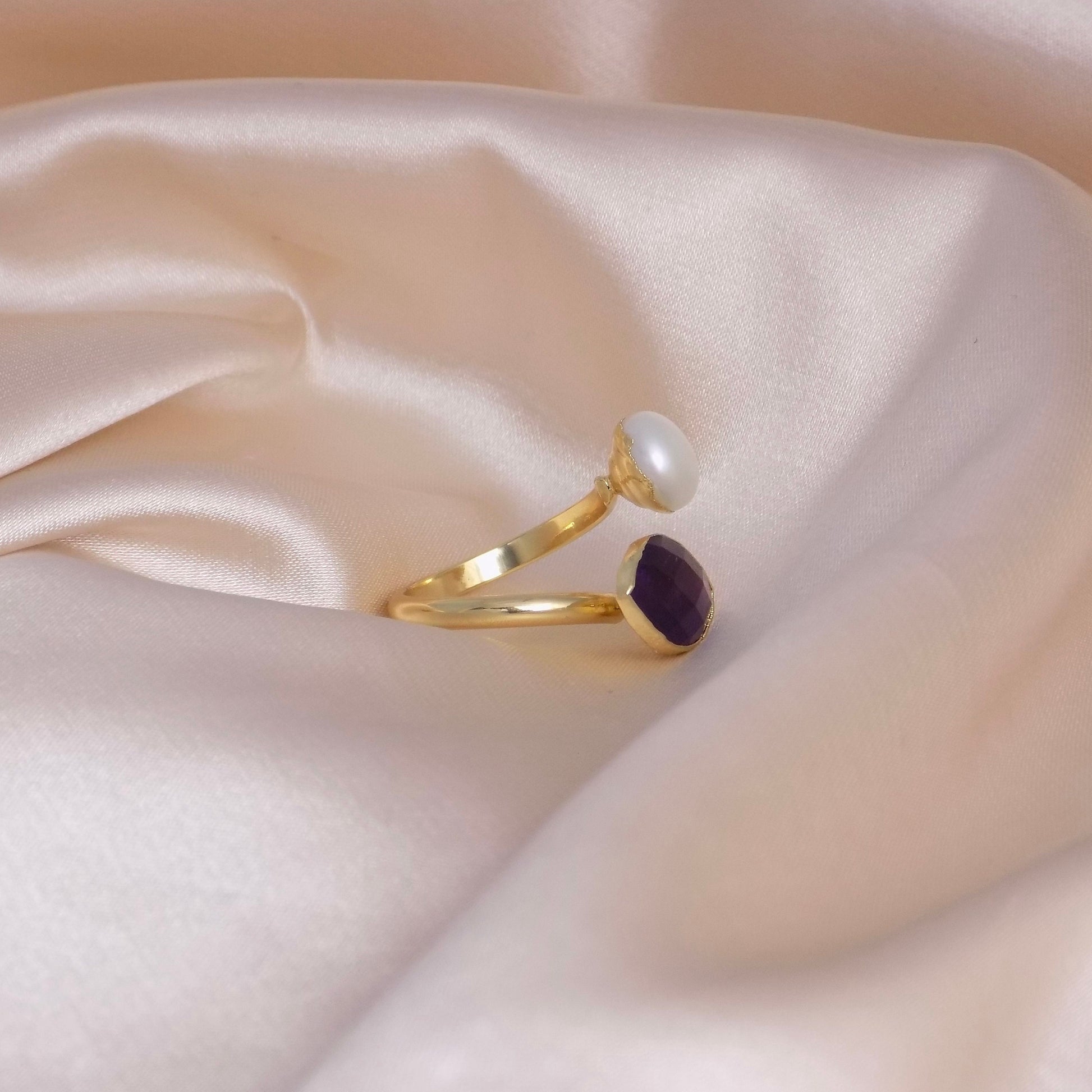 Amethyst Ring, Freshwater Pearl Ring, Dual Crystal Rings Gemstone, Purple Stone, Minimalist Statement, M6-576