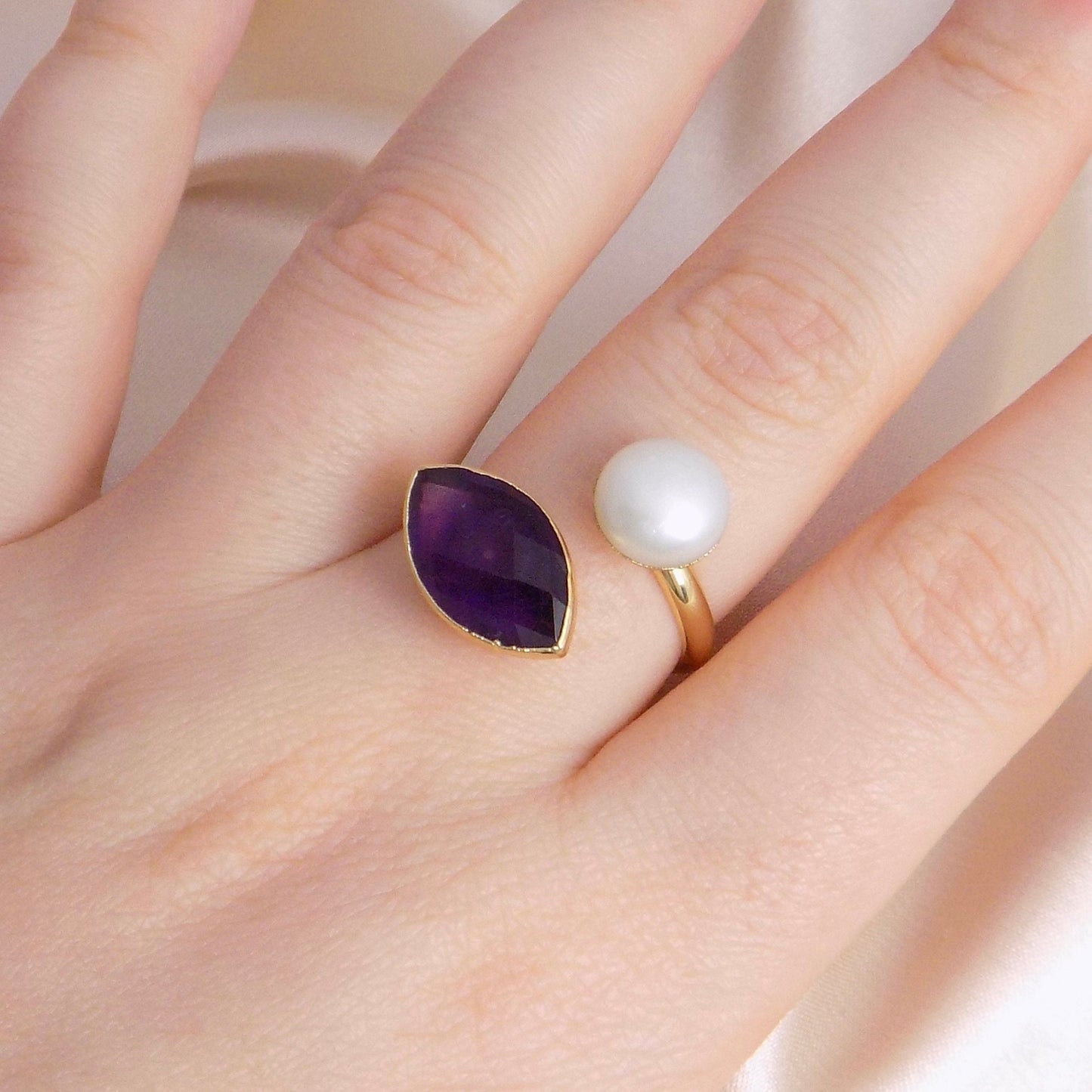 Amethyst Ring, Freshwater Pearl Ring, Dual Crystal Rings Gemstone, Purple Stone, Minimalist Statement, M6-576