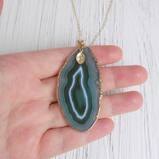 Boho Green Agate Slice Necklace, Gold Layer Statement Jewelry, Custom Initial, Mothers Day Gift, G14-274