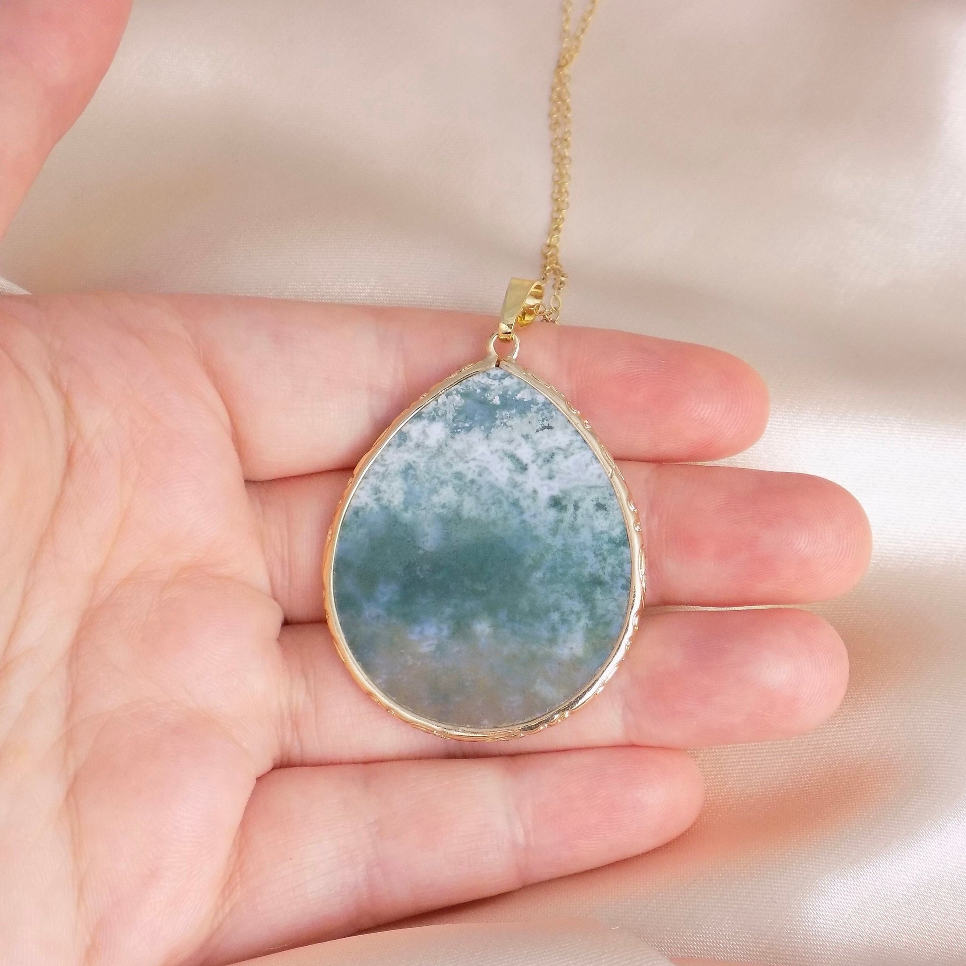 Green Moss Agate Necklace Gold, Large Green Crystal Pendant, Unique Gifts For Women, M6-761