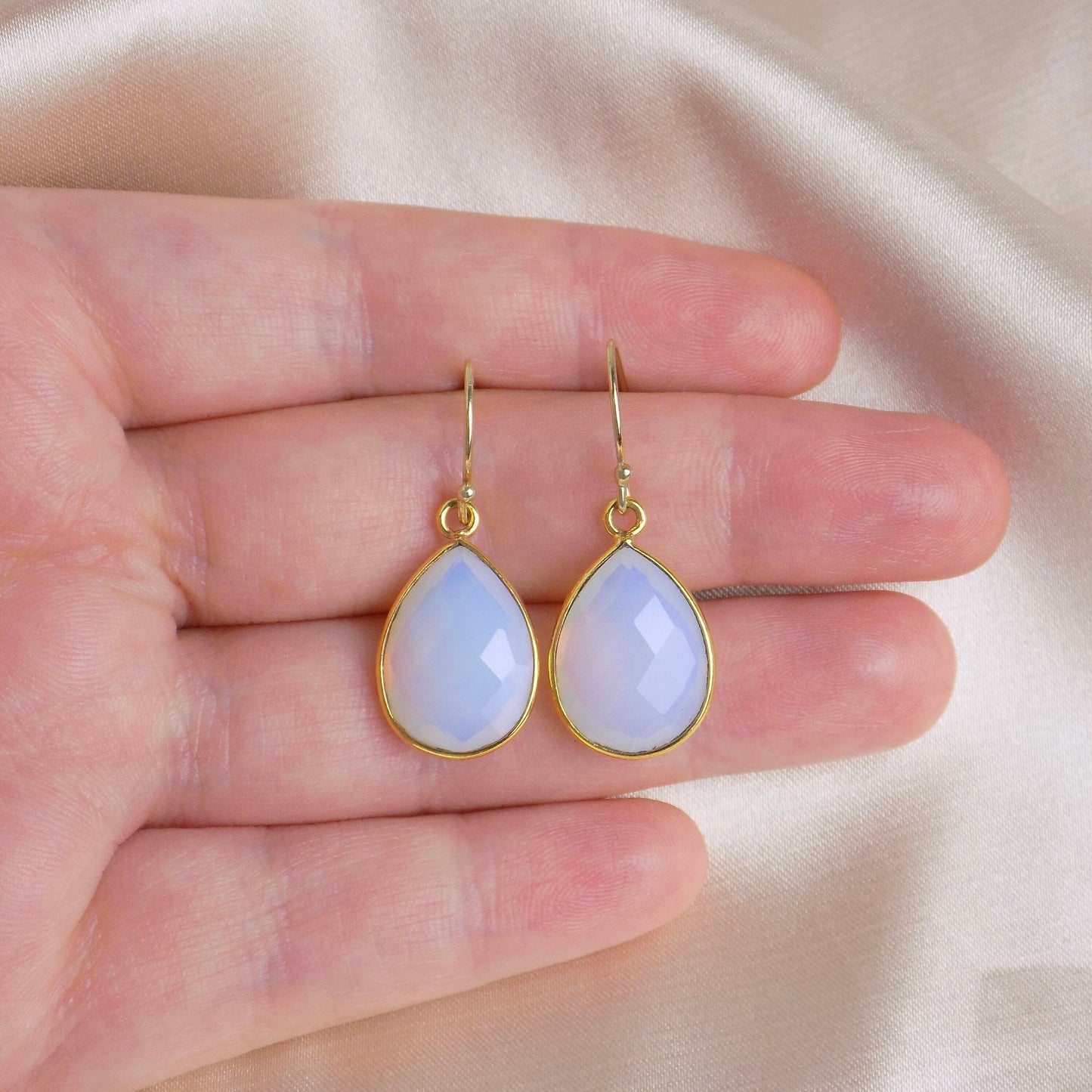 Teardrop Opalite Earrings Gold, Opal Gemstone Drop Earring, Light Blue White Crystal, October Birthstone Gift For Mom, M6-614