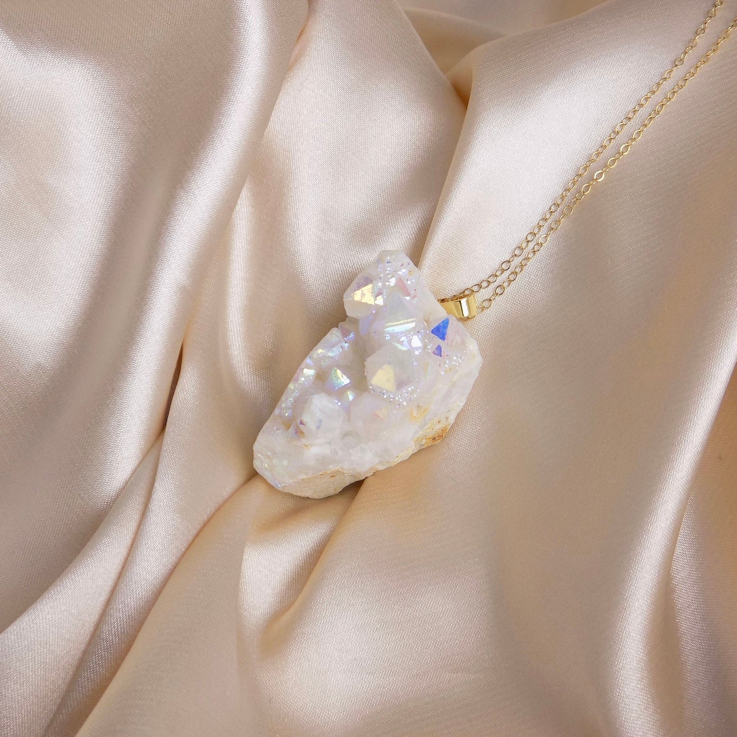 Angel Aura Quartz Necklace, Large Iridescent White Druzy Pendant Necklace Gold, Gift For Her, M6-773