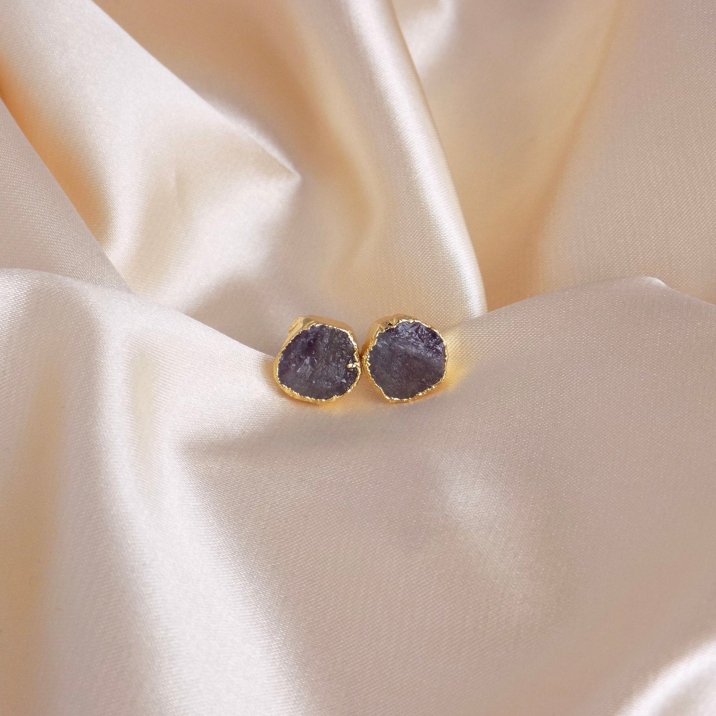 Raw Purple Fluorite Stud Earrings, Rough Crystal Earrings Gold, Boho Gemstone, Gift Women, M6-776