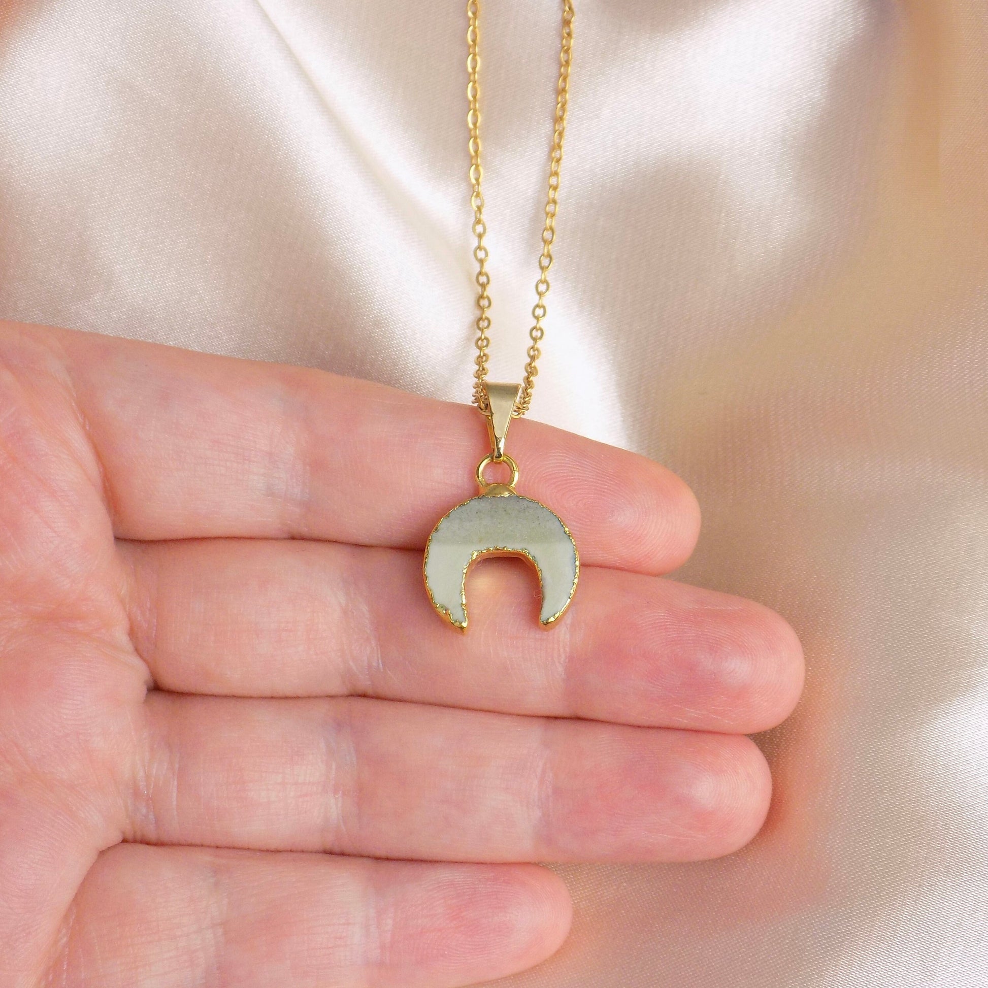 Small Double Horn Necklace Gold, Green Jasper Gemstone Pendant, Gifts For Her, M6-778