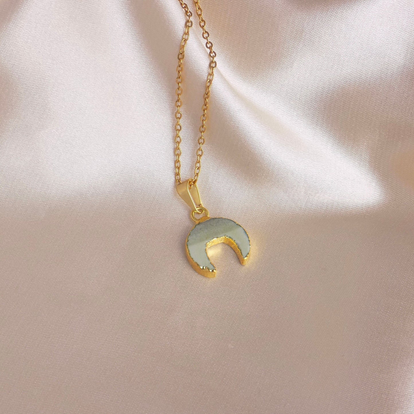 Small Double Horn Necklace Gold, Green Jasper Gemstone Pendant, Gifts For Her, M6-778