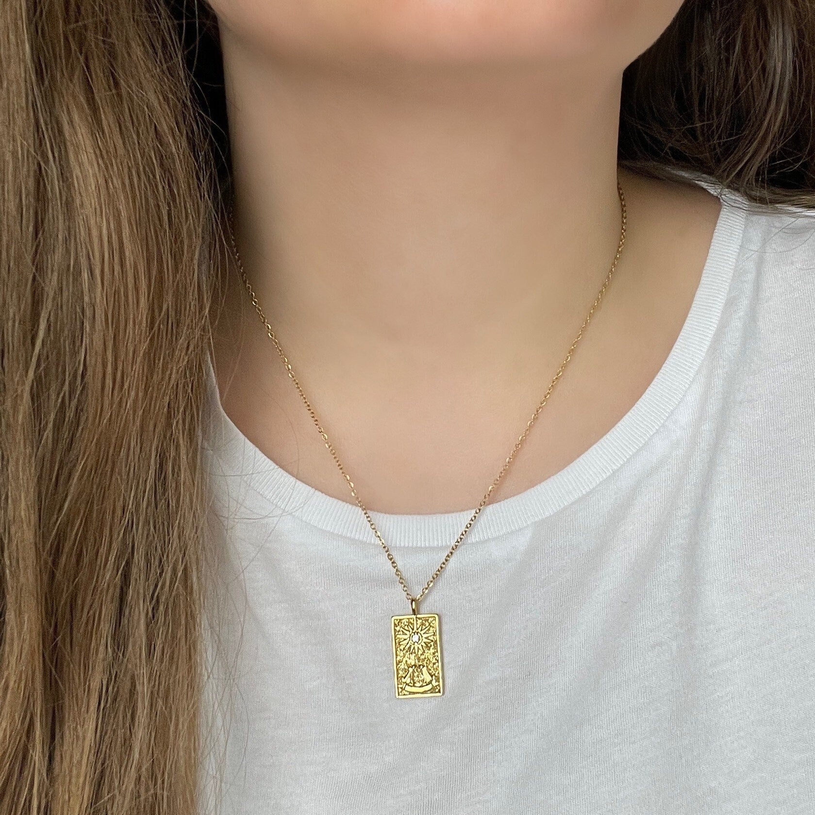 Tarot Card Necklace Gold, Rectangular Charm, Trendy Layer For Women, 18K Gold Stainless Steel, M6-108