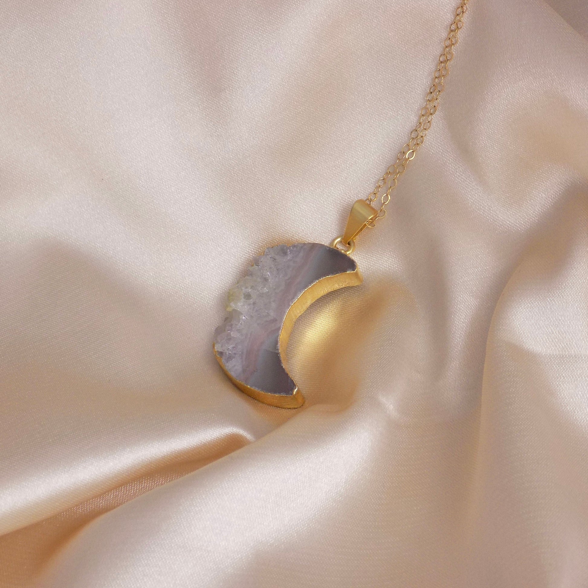 Crescent Moon Shaped Natural Amethyst Slice Gemstone Necklace Gold, G14-815