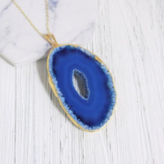 Blue Agate Slice Gemstone Necklace Gold, Boho Long Layer, Gift For Mom, G11-749