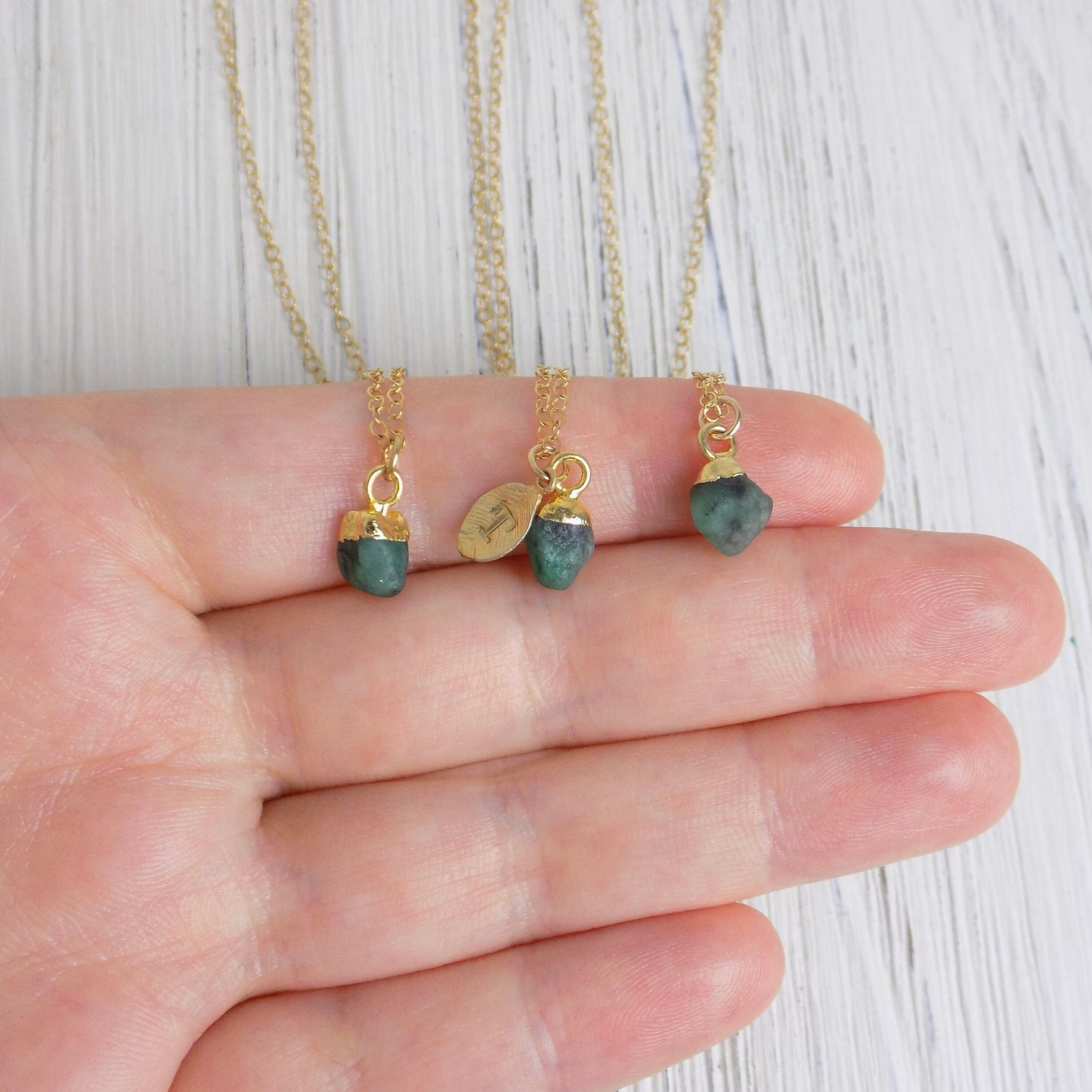 Tiny Green Emerald Gemstone Necklace Gold Personalized, Gift For Mom, M6-49