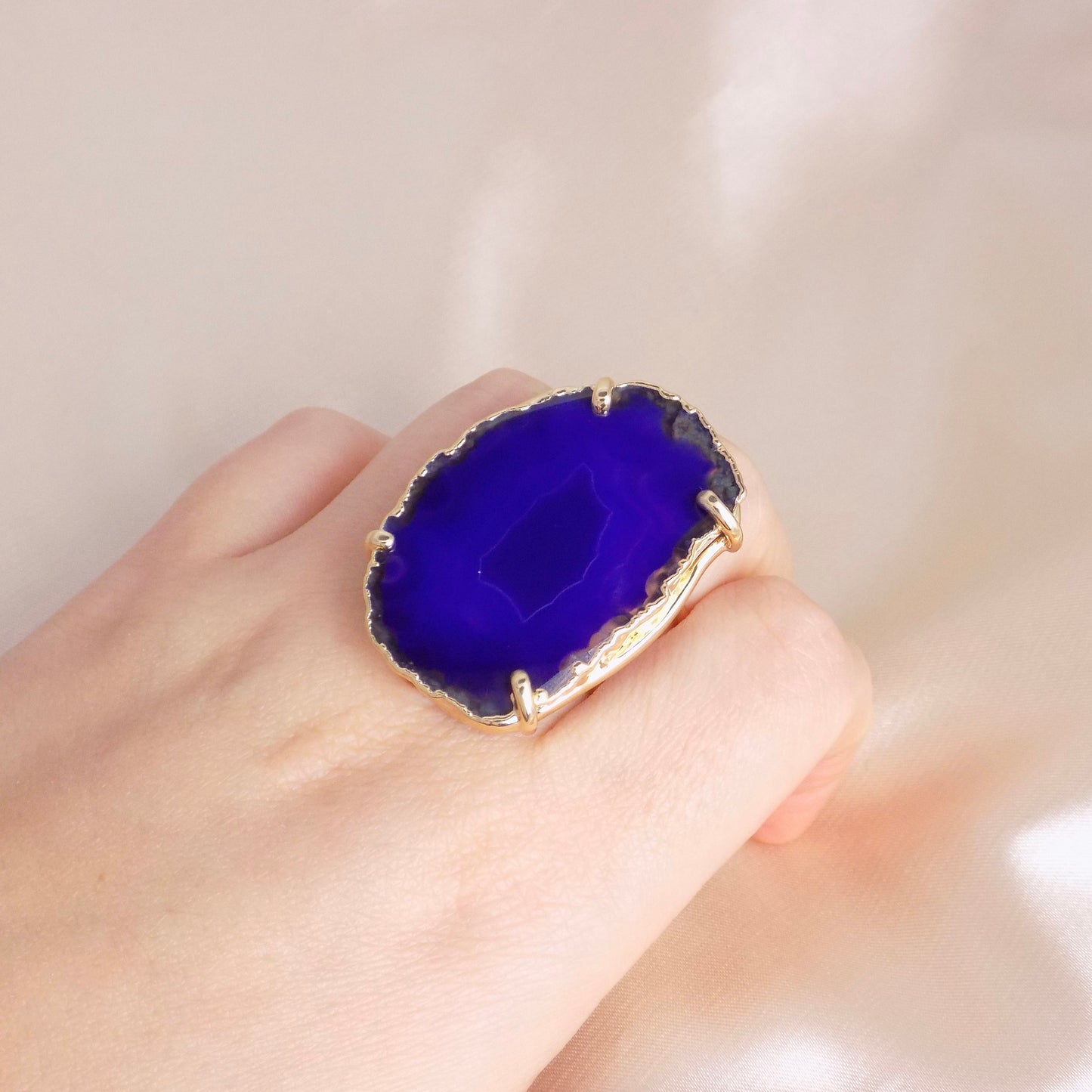 Purple Slice Agate Ring - Boho Geode Ring Statement Large Gemstone