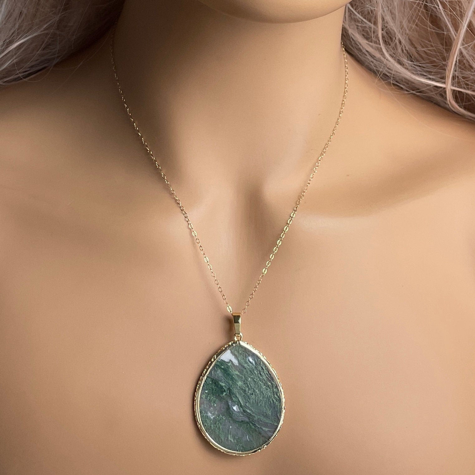 Gifts For Mom, Green Moss Agate Gemstone Necklace Gold, M6-775