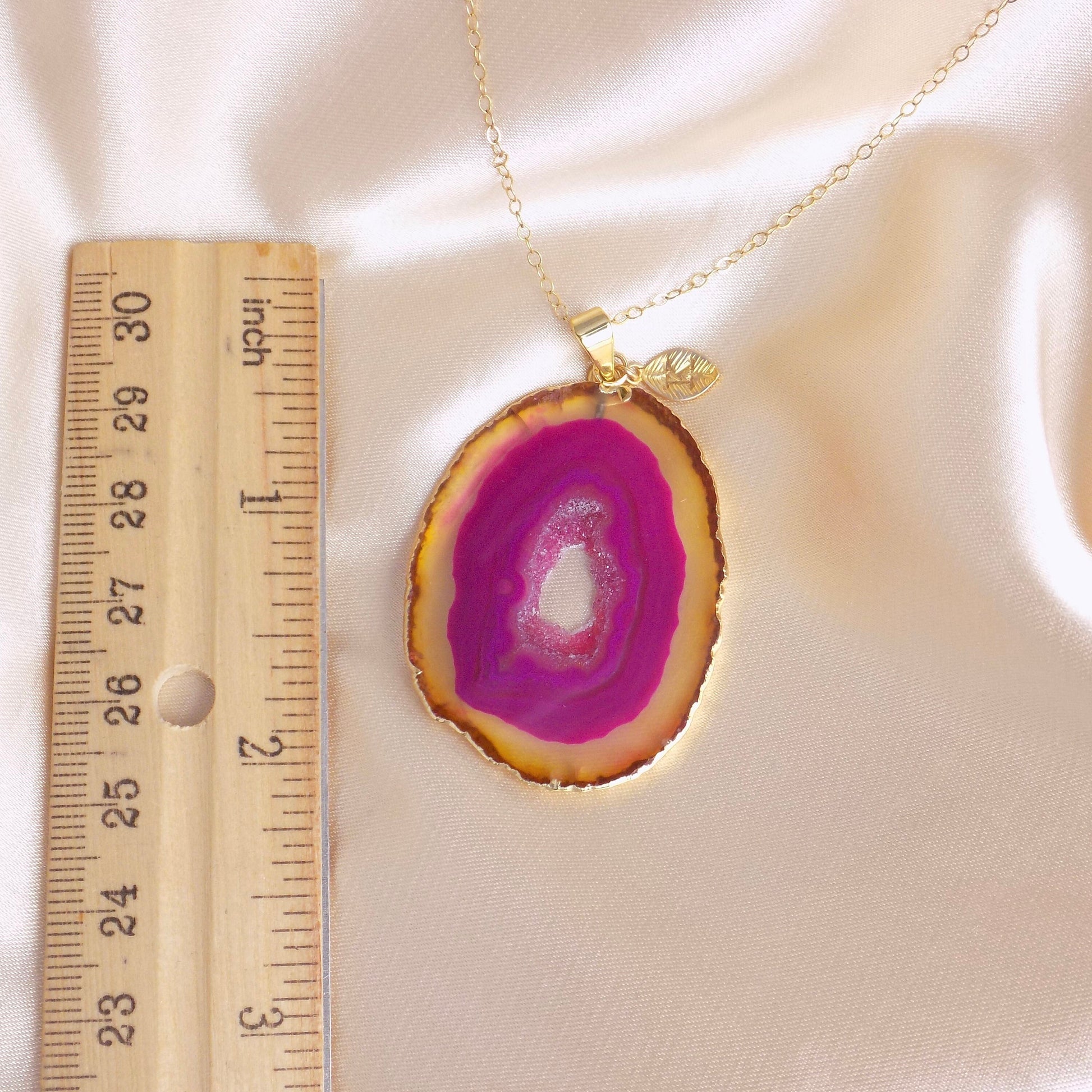 Custom Gift For Best Friend, Pink Druzy Necklace Gold Fill Chain, Personalized Geode Necklace Agate Pendant, Long Boho Slice, G14-831