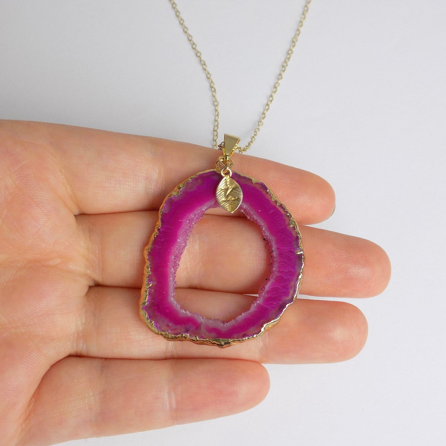 Hot Pink Geode Slice Necklace Gold with Initial Charm, Gifts For Mom, G14-836