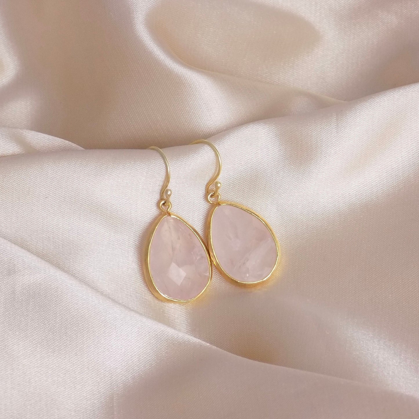 Mothers Day Gift, Rose Quartz Drop Earrings Gold, Large Teardrop Gemstone Earring, Heart Chakra Crystals, M6-789