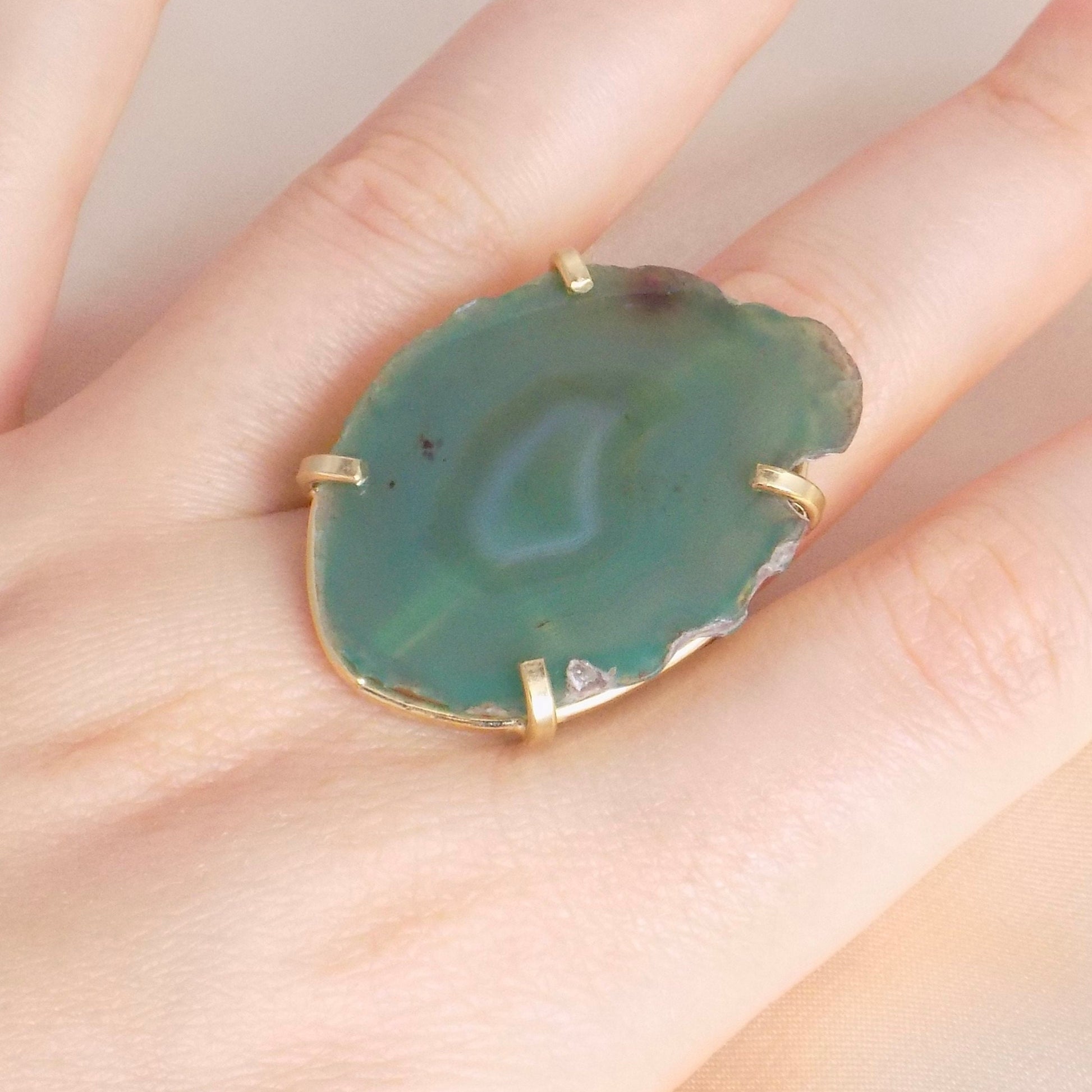 Boho Green Agate Gemstone Ring Gold Plated Adjustable, Mothers Day Gift, G14-724
