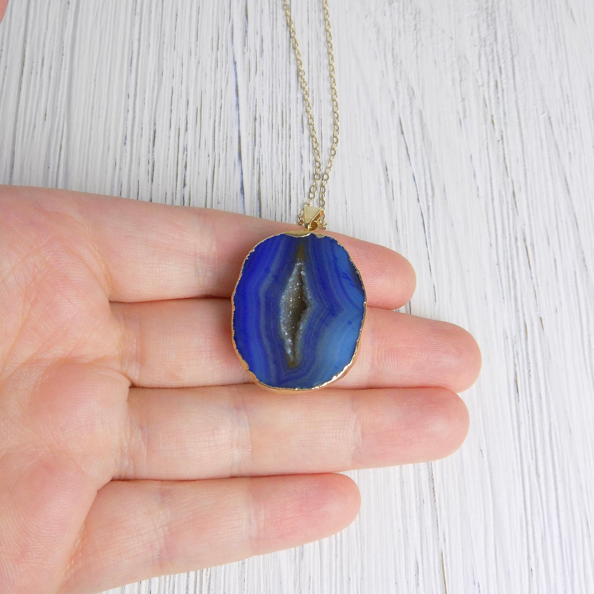 Gift Women, Geode Necklace, Blue Druzy Necklace, Slice Agate Necklace, Gemstone Necklace, Boho Necklace, Gold Layer, Stone Necklace G14-732