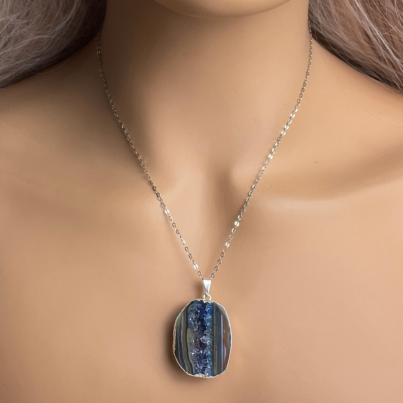 Blue Geode Necklace Silver, Druzy Necklace For Women, Gifts For Mom, G14-849